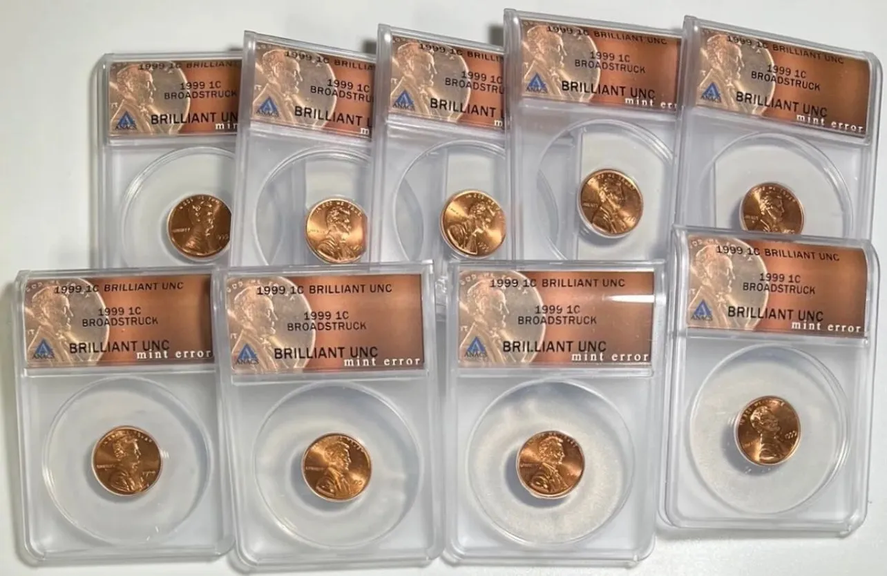 Product image for 1999 Lincoln Cent Broadstruck ANACS Brilliant Uncirculated Mint Error Coin 1C