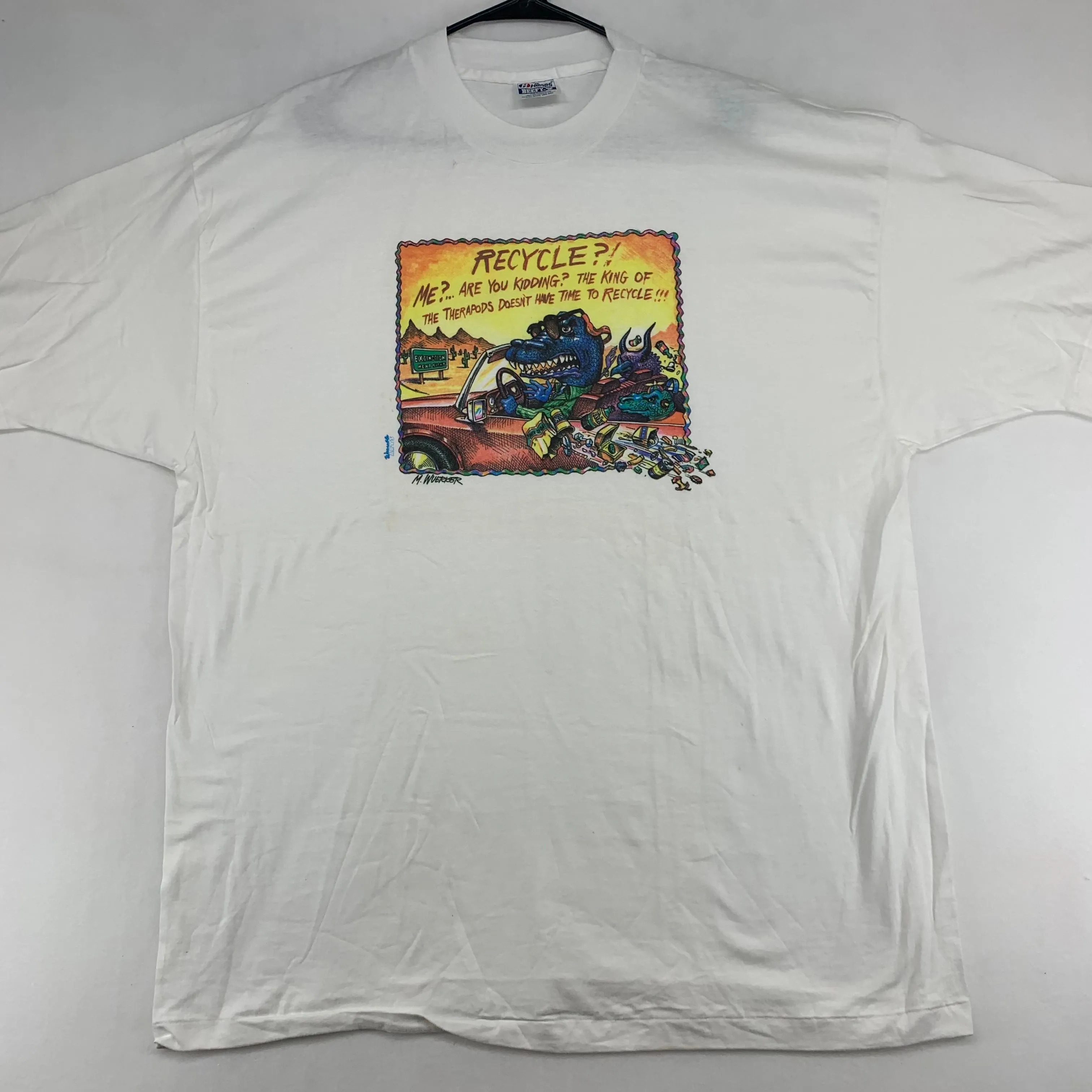 Product image for Vintage Men’s XXL Satire Tee Dinosaur Therapods Recycling Funny Shirt Hanes Beefy-T 90’s pop funky
