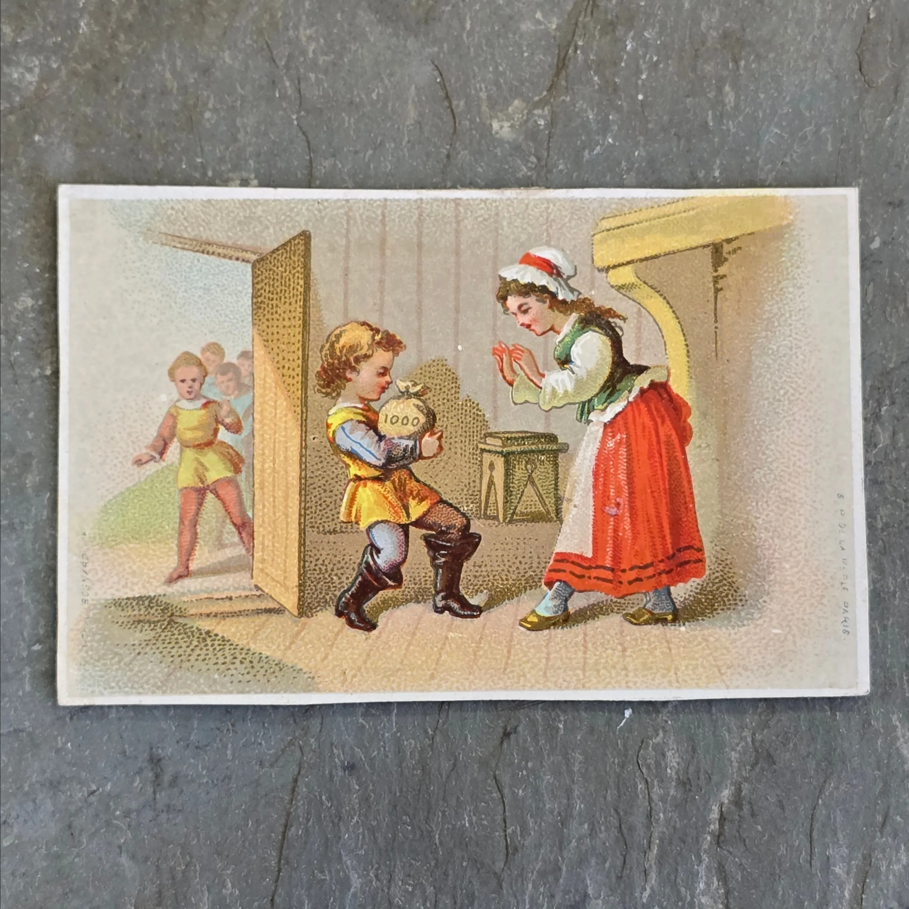 Product image for Antique Victorian Trade Card Kid Giving Woman Bag of Coins Blank Advertising Card (WNB1-91)