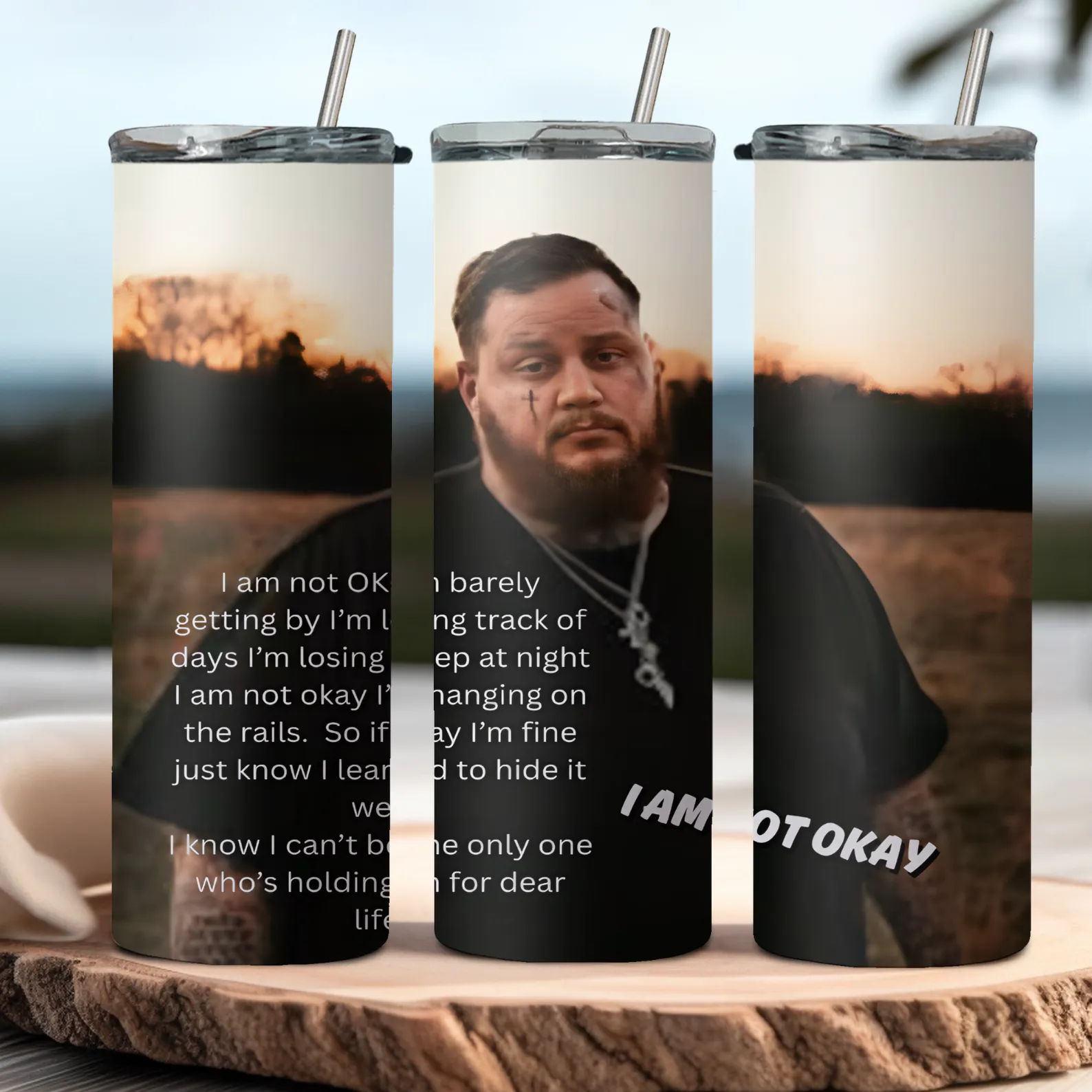 Product image for I am not okay, Jelly Roll inspired 20oz stainless steel reusable tumbler with lid and straw