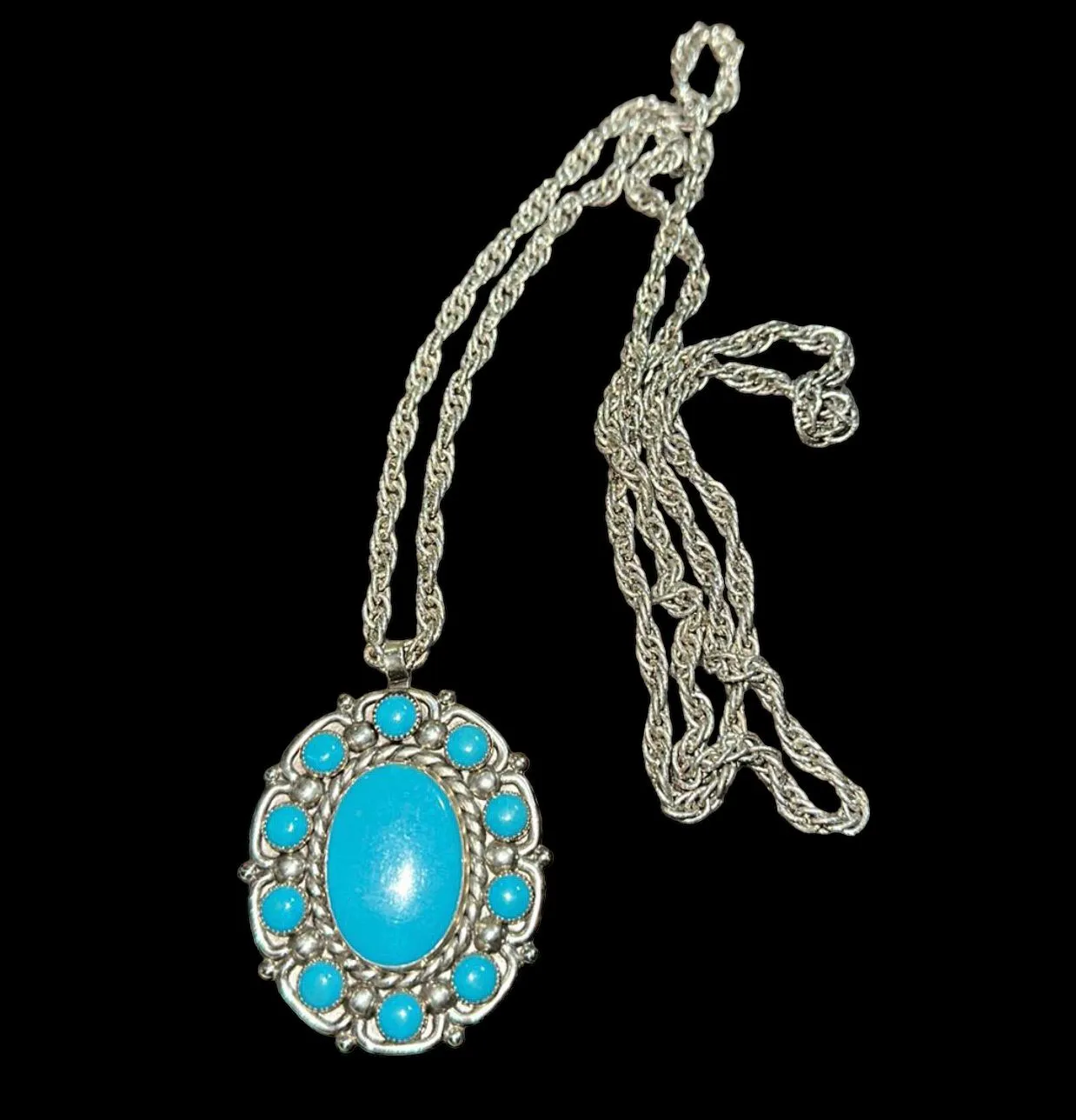 Product image for Nickel Silver Bell Faux Turquoise Cabochon pendant on original chain