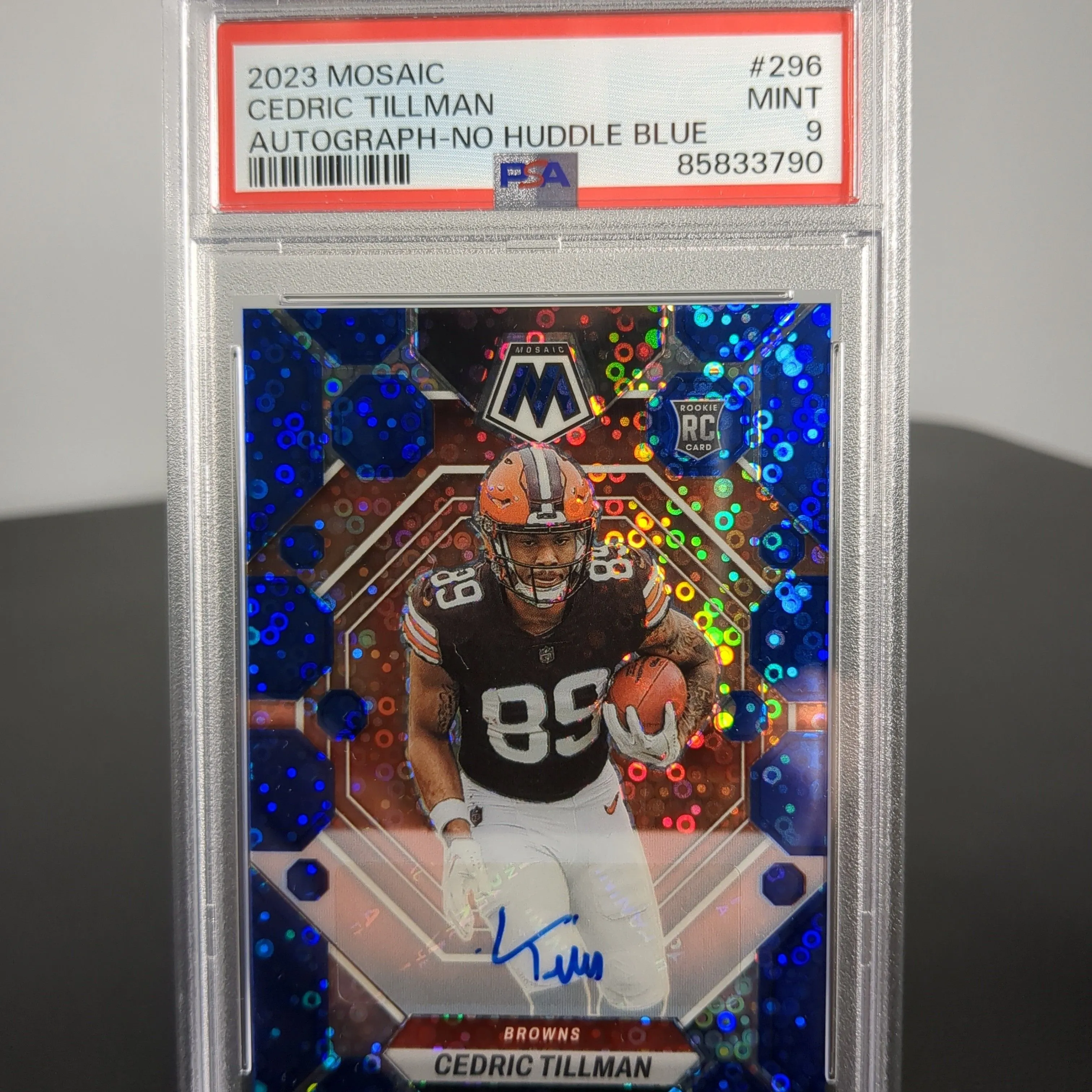 Product image for 2023 Panini Mosaic Cedric Tillman 296 Autograph-No Huddle Blue PSA MINT 9
