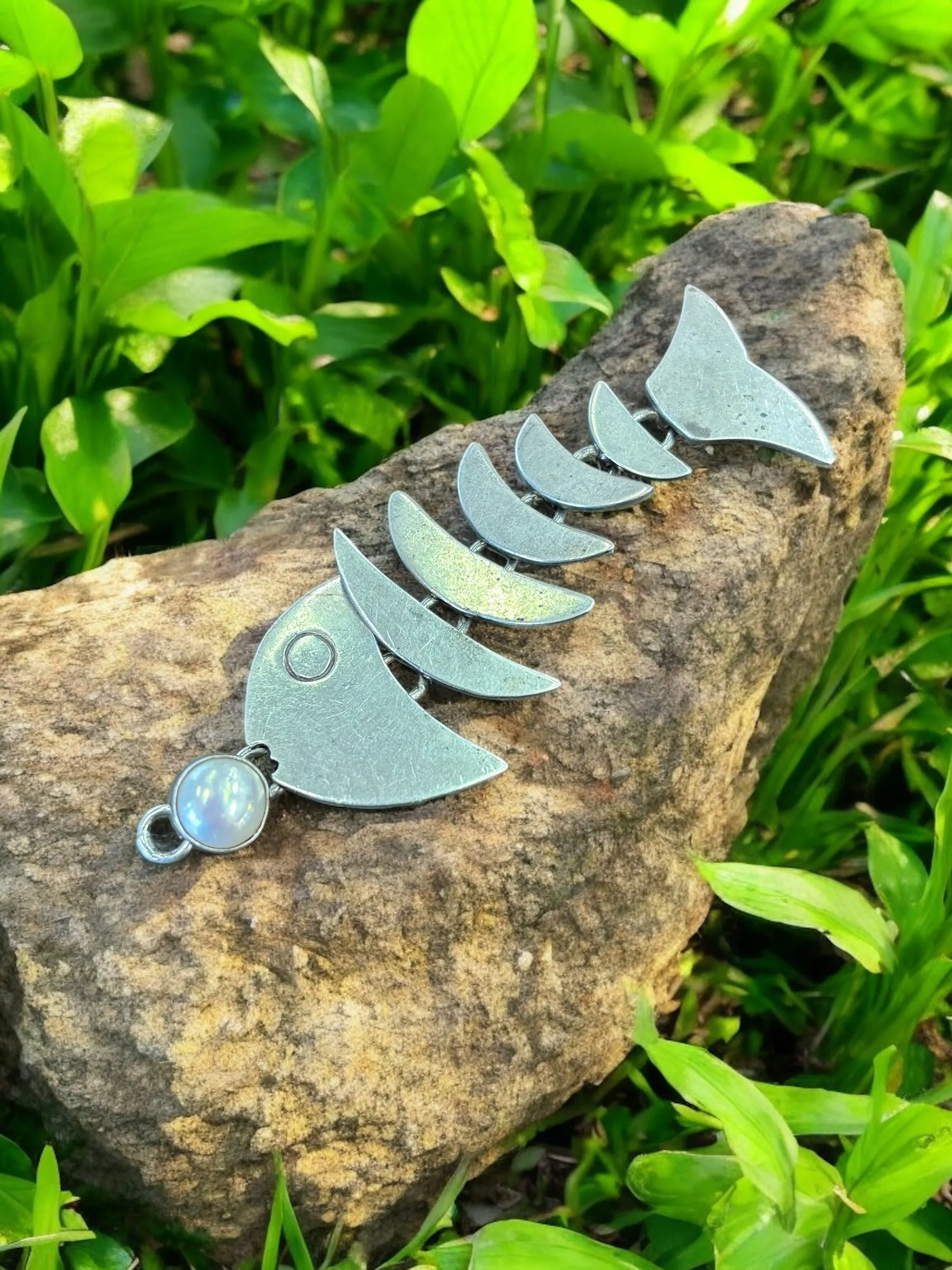 Product image for Sterling Silver Fish Skeleton Pendant with Pearl