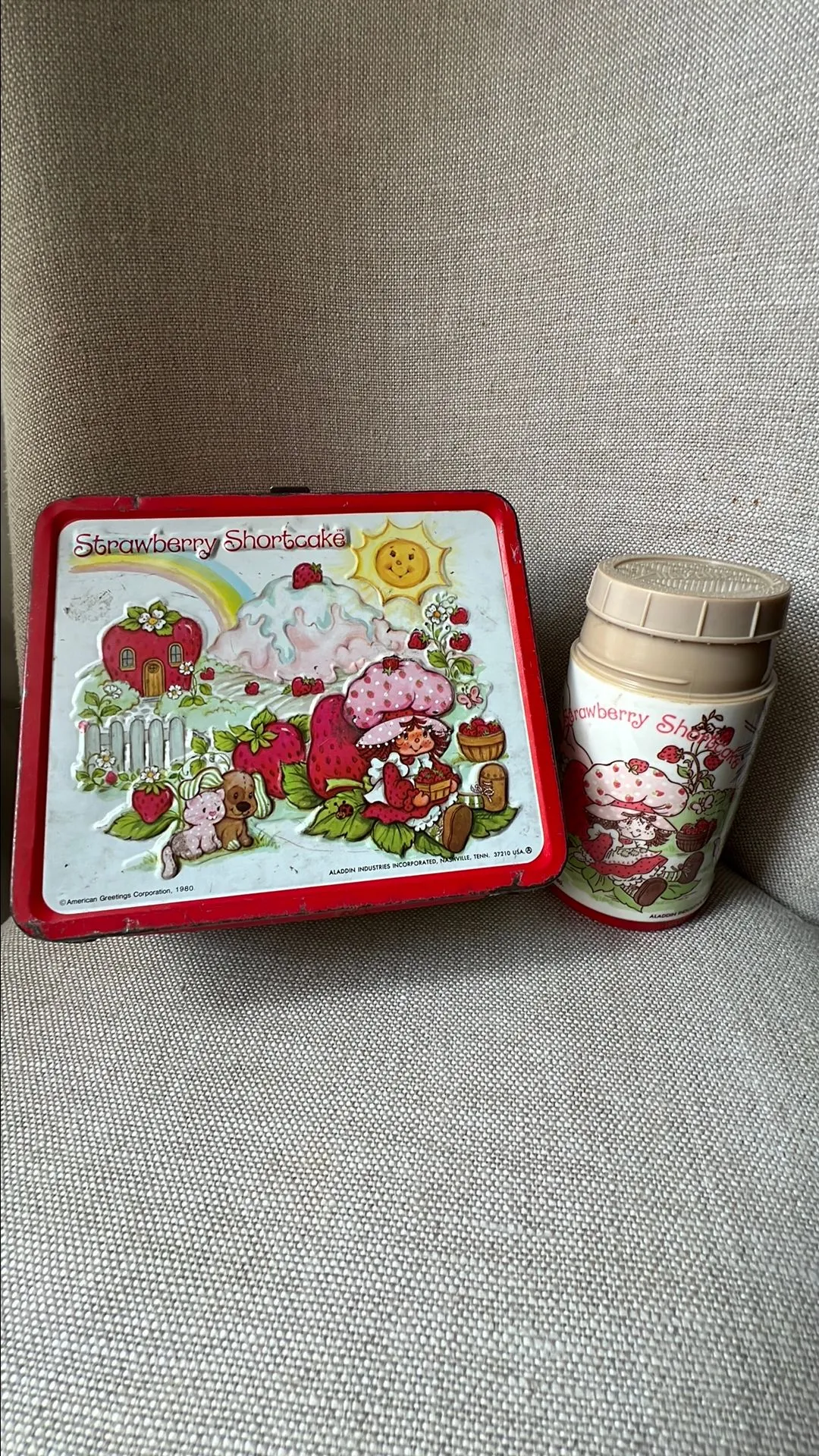 Product image for #80 Vintage Strawberry Shortcake Metal Lunchbox Thermos 1980 Aladdin Collector USA
