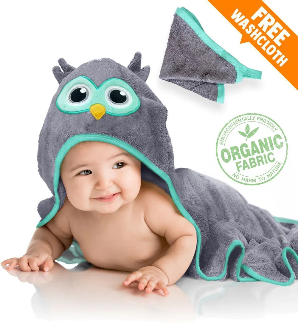 Product image for Owl Towel | Organic Bamboo Baby Hooded Towel | Free Washcloth | Unisex | All Ages | NEW