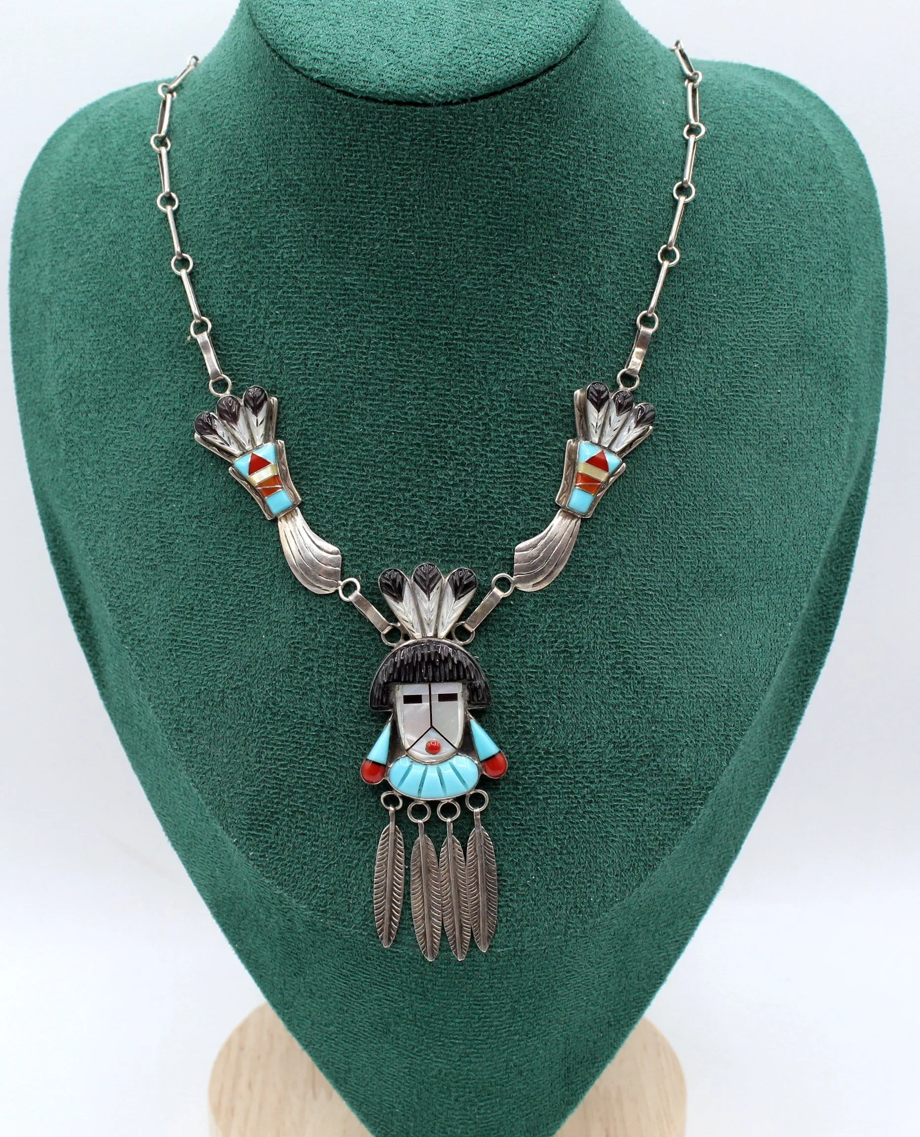Product image for  Zuni Turquoise Kachina Sterling Silver Inlay 15" Necklace 32g
