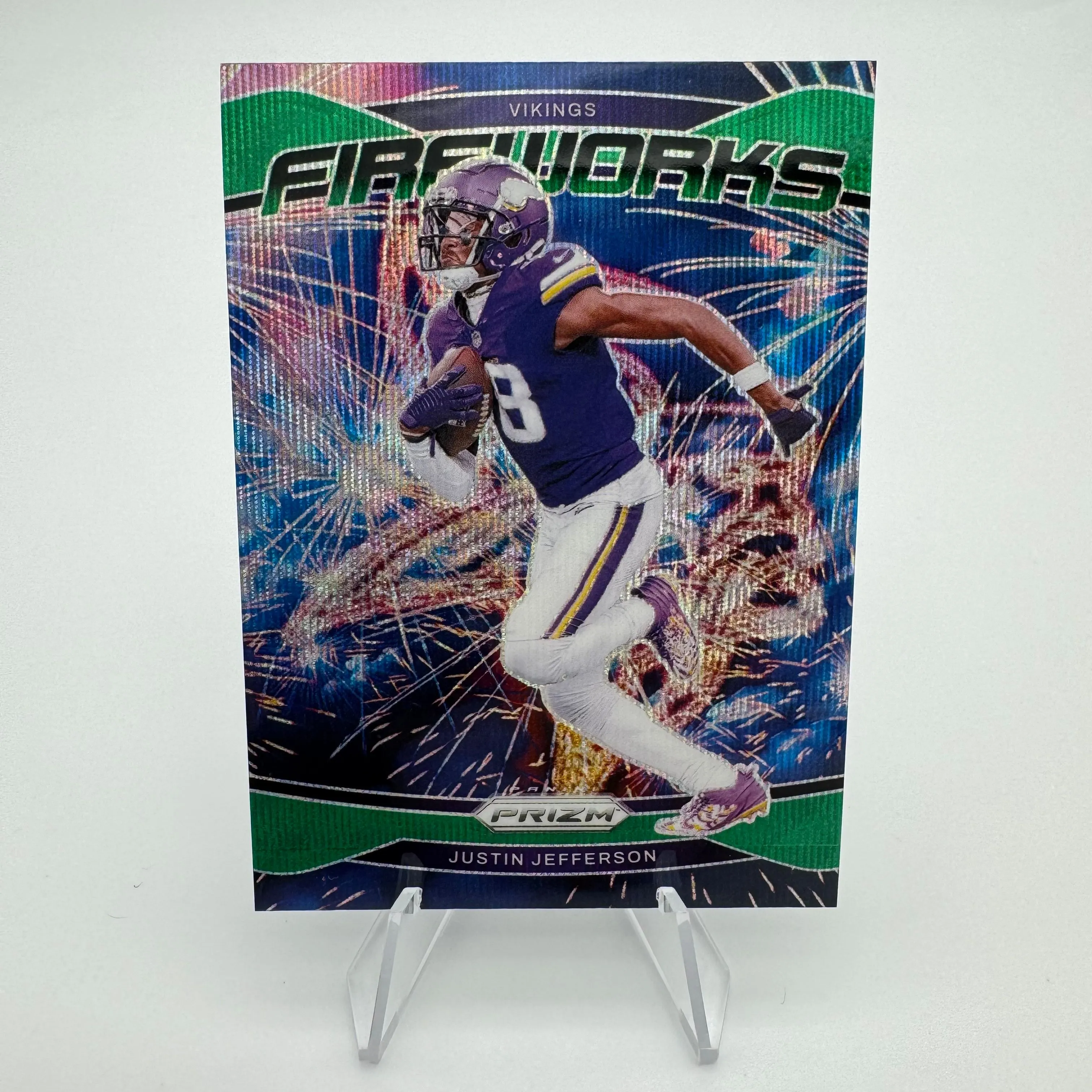 Product image for Justin Jefferson 2024 Panini Prizm Fireworks Green Wave Prizm