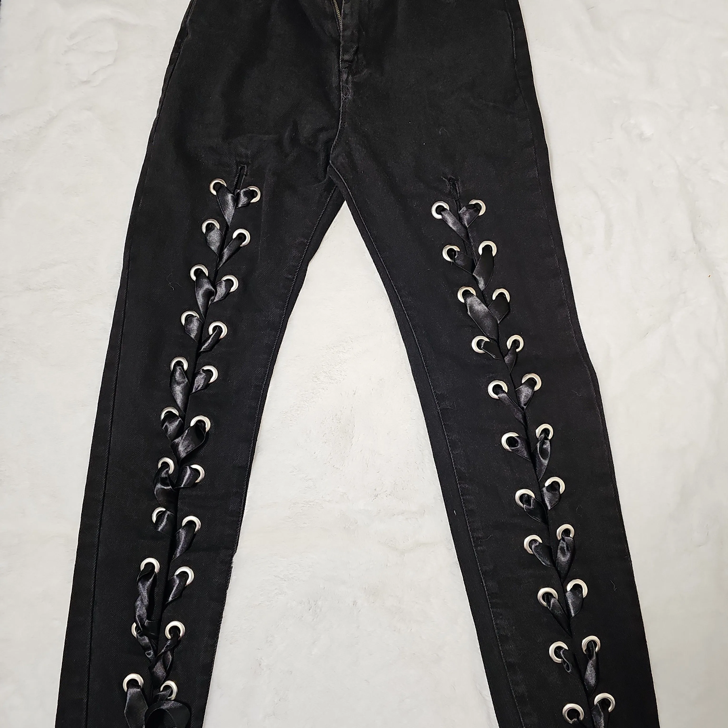 Product image for New no tag, MANGO MNG black Denim lace-up hemline women's pants US 1nts U