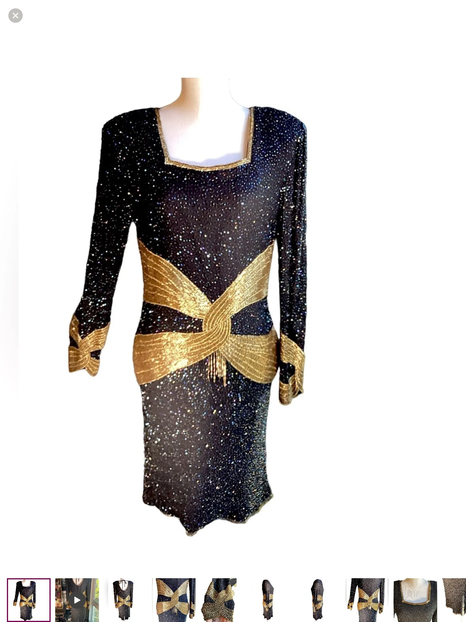 Product image for 1980's Vintage Black & Gold Beaded Silk Cocktail Dress