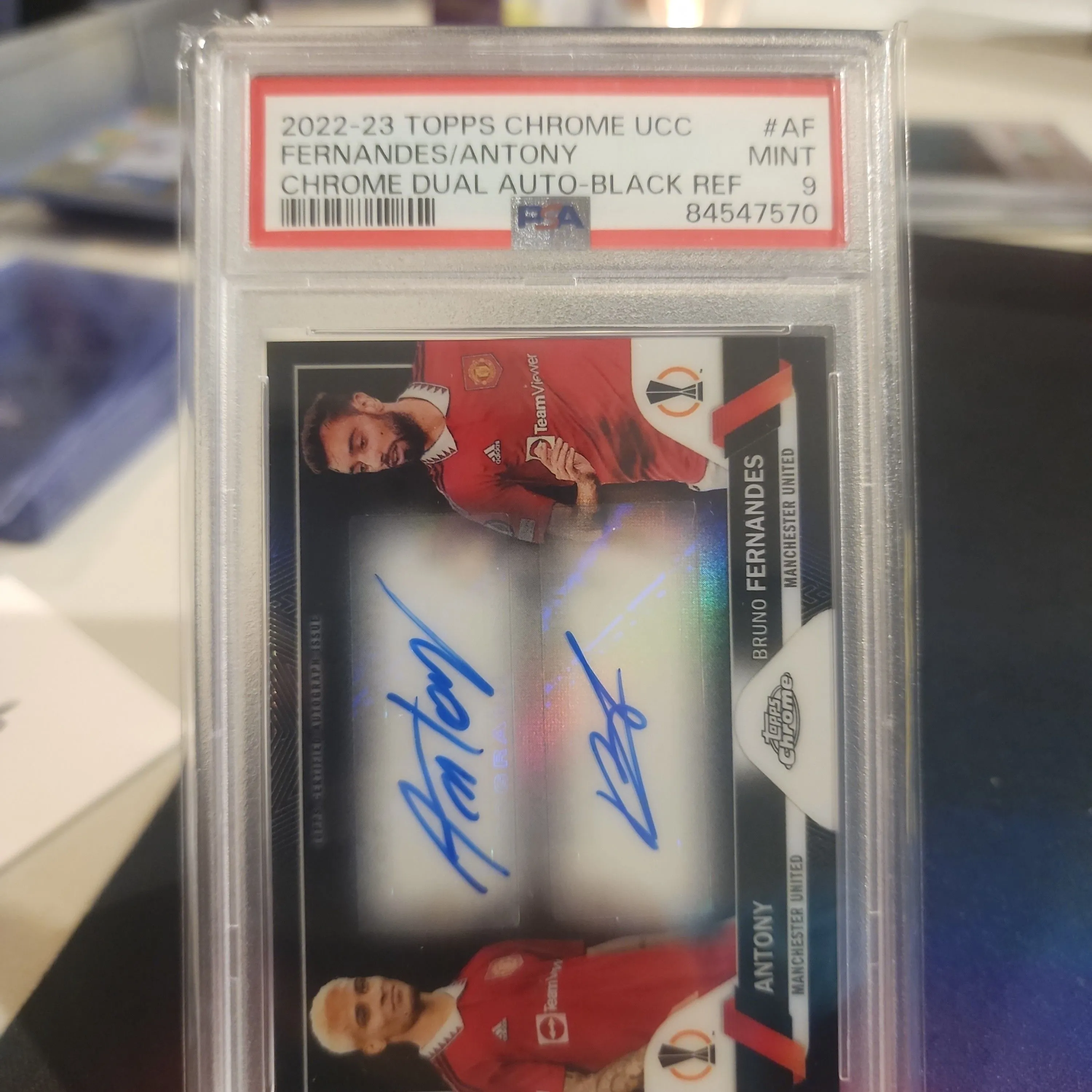 Product image for 2022 Topps Chrome Uefa Club Competitions Chrome Dual Autographs Fernandes/Antony Chrome Dual Auto-Black Ref PSA MINT 9