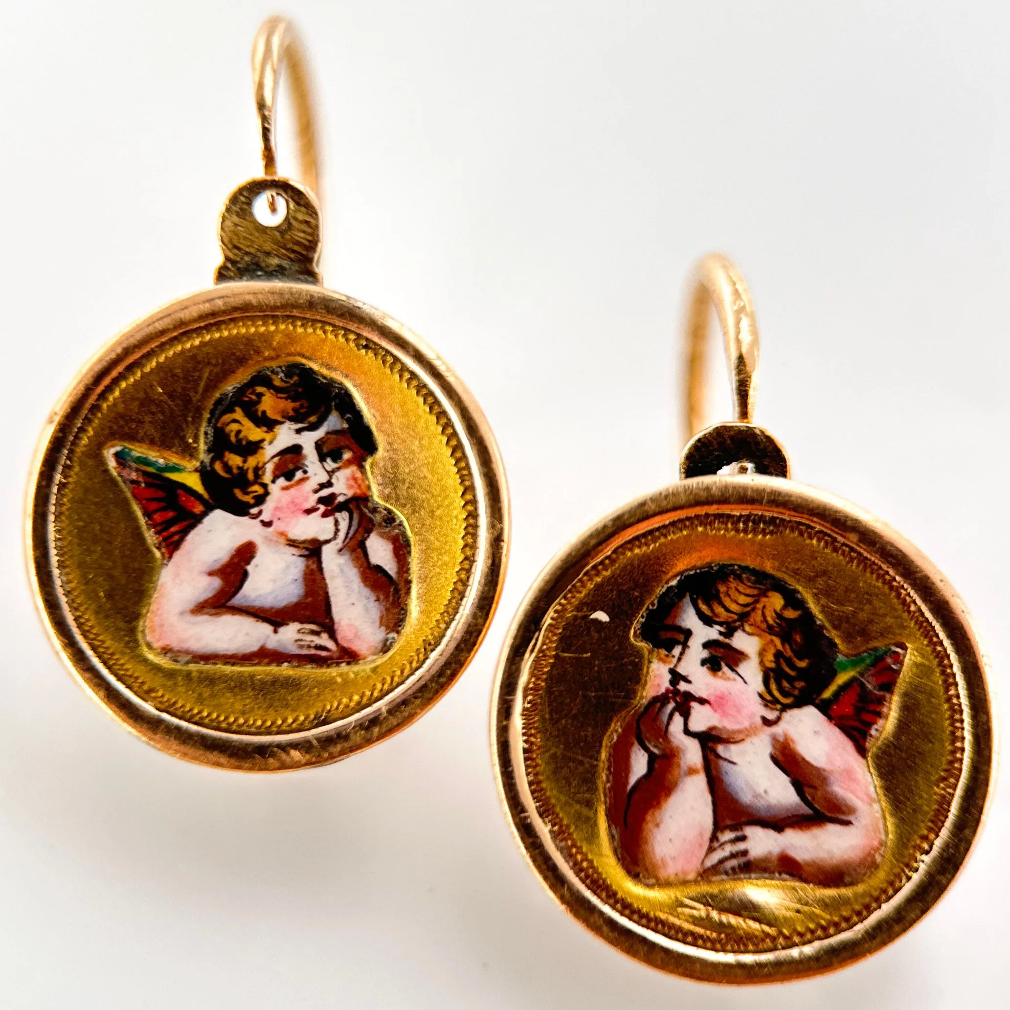 Product image for Victorian 14k Gold Hand Painted Enamel Cherub Earrings. 1/2" x 1/2" Drop, 3/4" w/ Earring & Drop. 8g per Earring. YYW0015