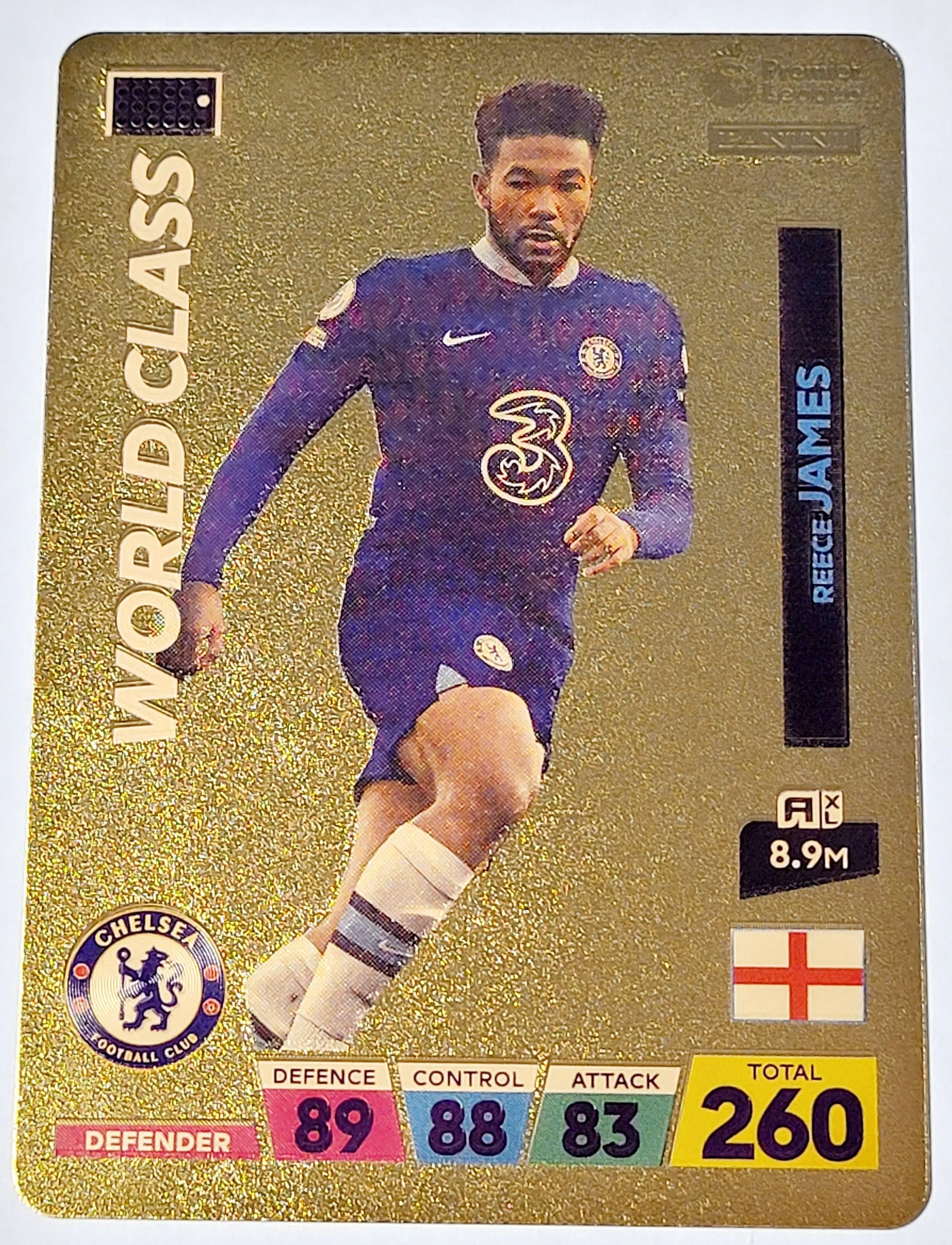 Product image for 2022 Reece James Panini World Soccer Stars World Class Plastic Gold Color Card.
Reece Lewis James is