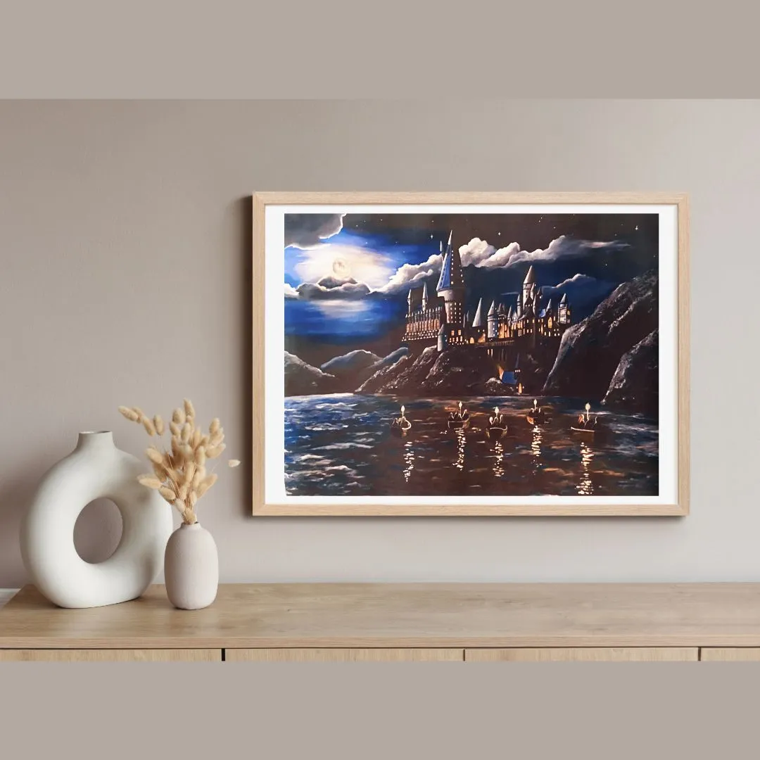 Product image for Art Print Harry Potter Hogwarts Starry Night Hagrid Boats Black Lake Canvas UNFRAMED
