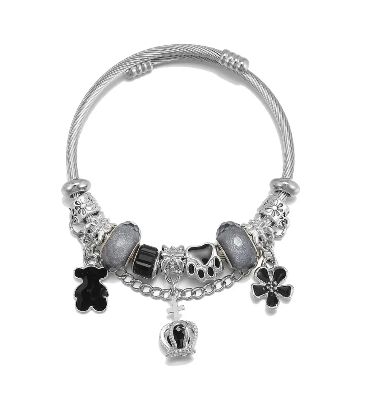 Product image for Adjustable Stainless Steel Bangle Charm Bracelet/ Bear, Crown, Flower Pendant