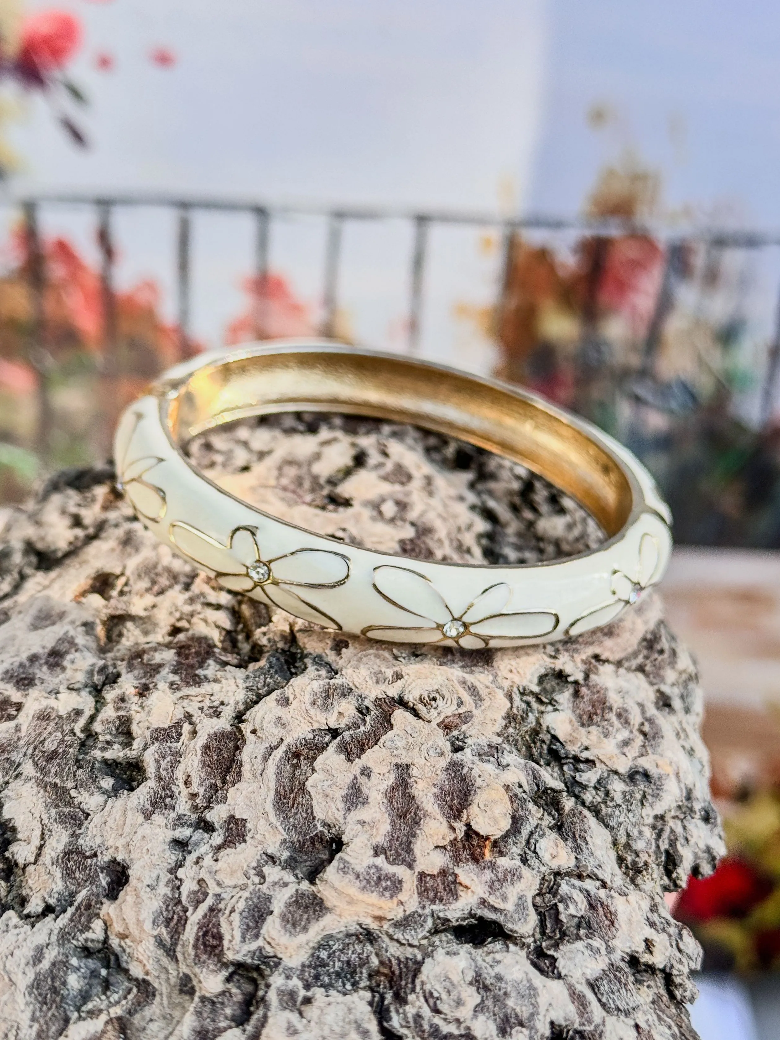 Product image for (62) Enamel Hinged Bangle Bracelet Vintage White Silver & Rhinestones