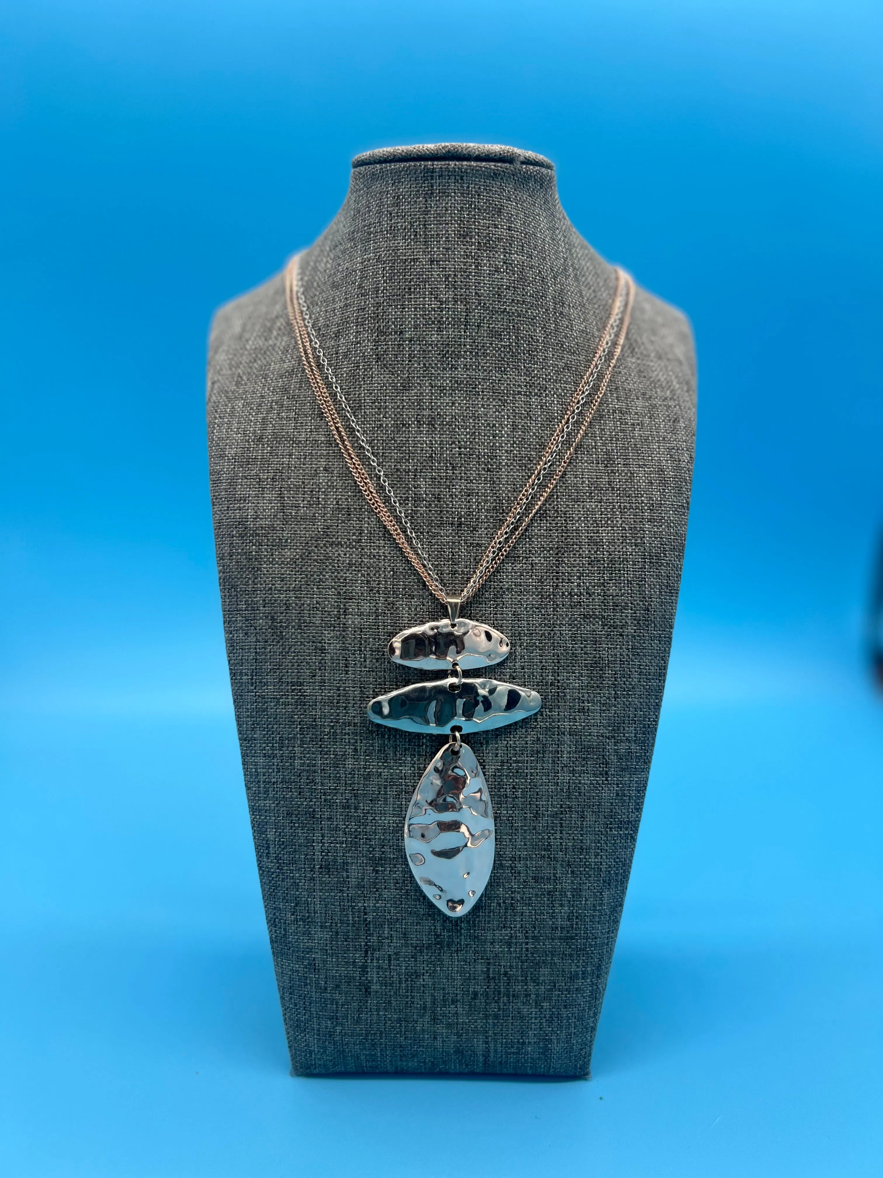 Product image for Rose gold and silver, three chain stone pendant necklace