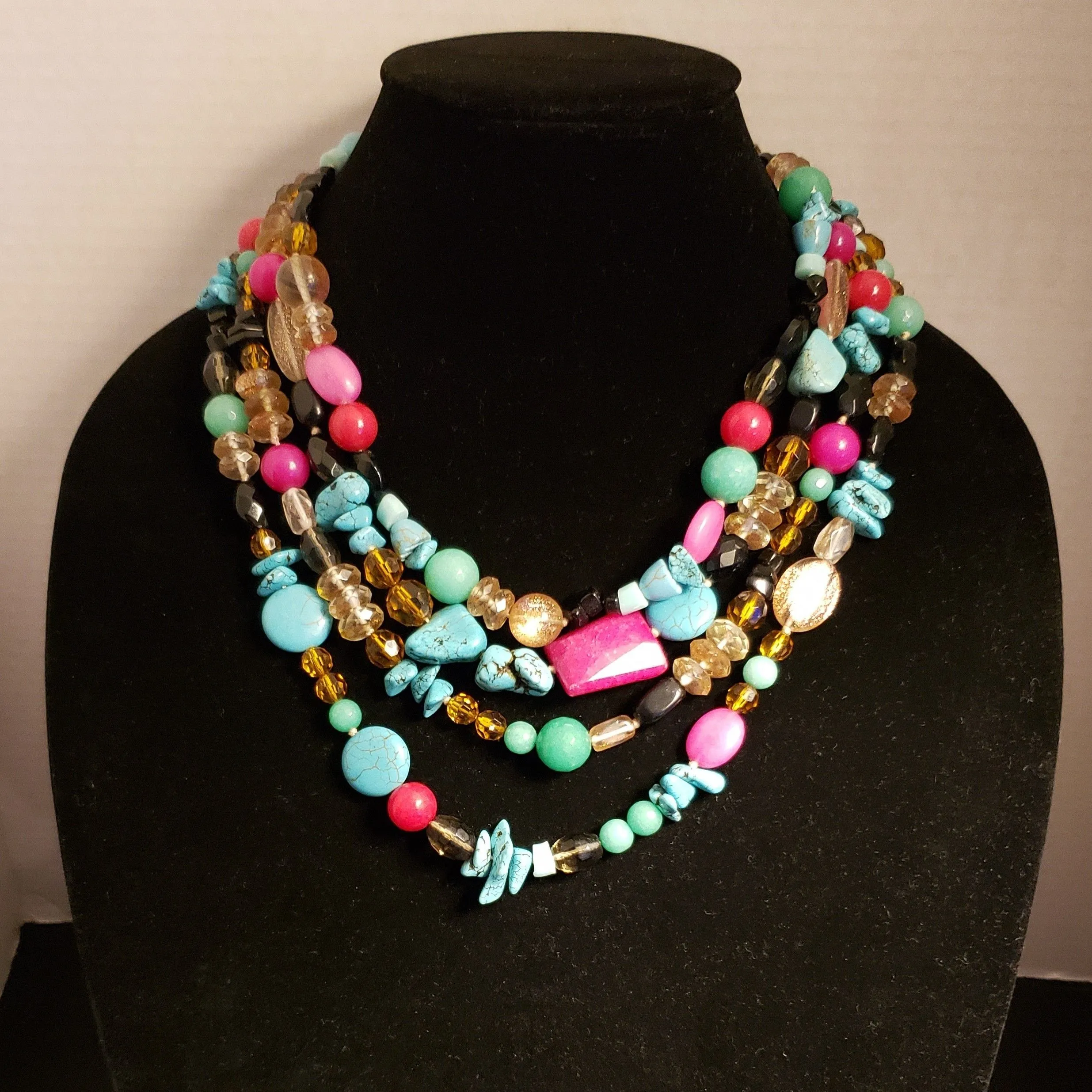 Product image for Beautiful 4 strand multi-stone and multi colored Turquoise Chunky necklace 19" longest 25"
