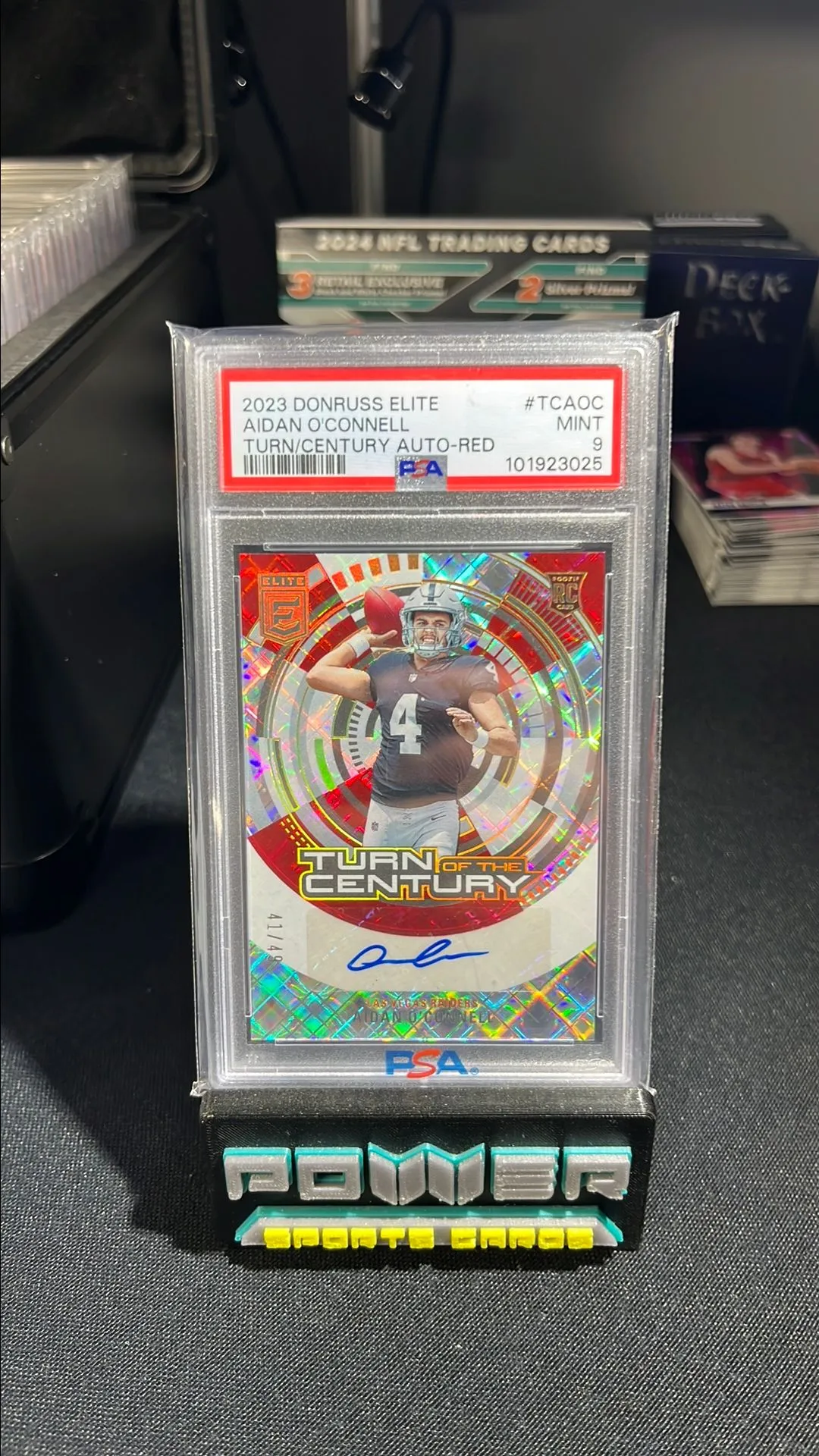 Product image for 2023 Donruss rookie /49 elite Aiden O'Connell turn-of-the-century auto red PSA 9