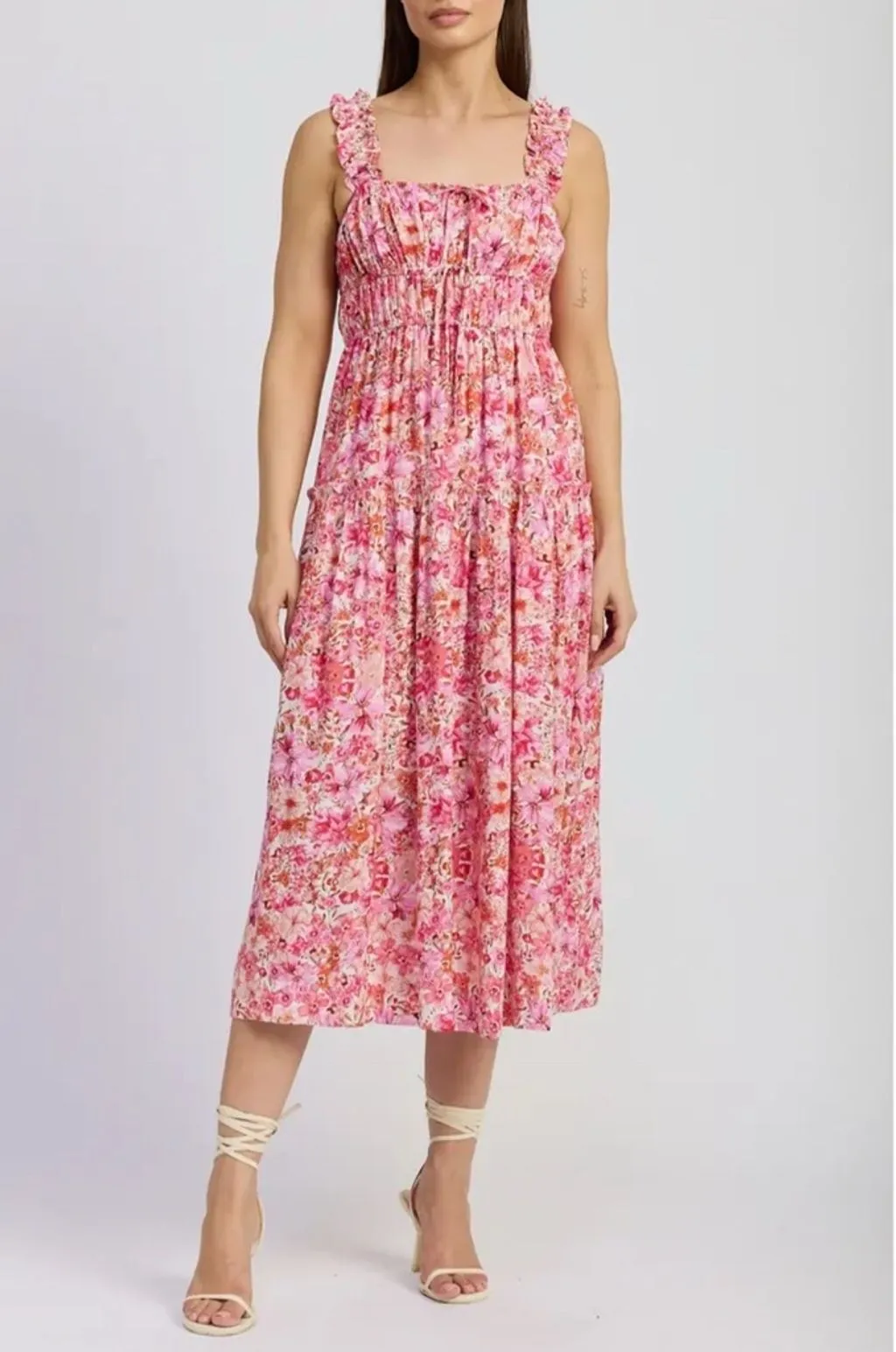 strapless open back dress En Saison Floral Print Organza Mini Dress – Francis + Fern main image 0