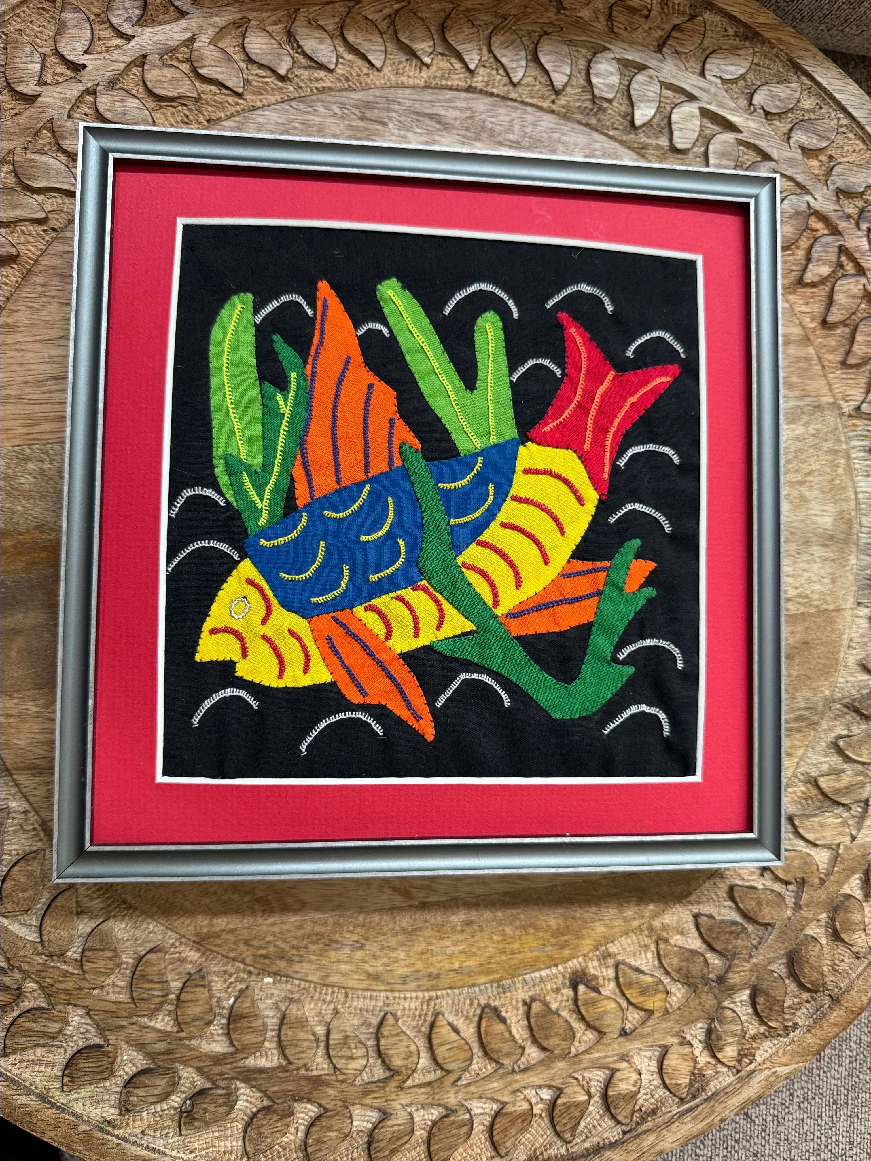 Product image for Mola Textile Folk Art Fish Panama Hand Stitched Framed Embroidery