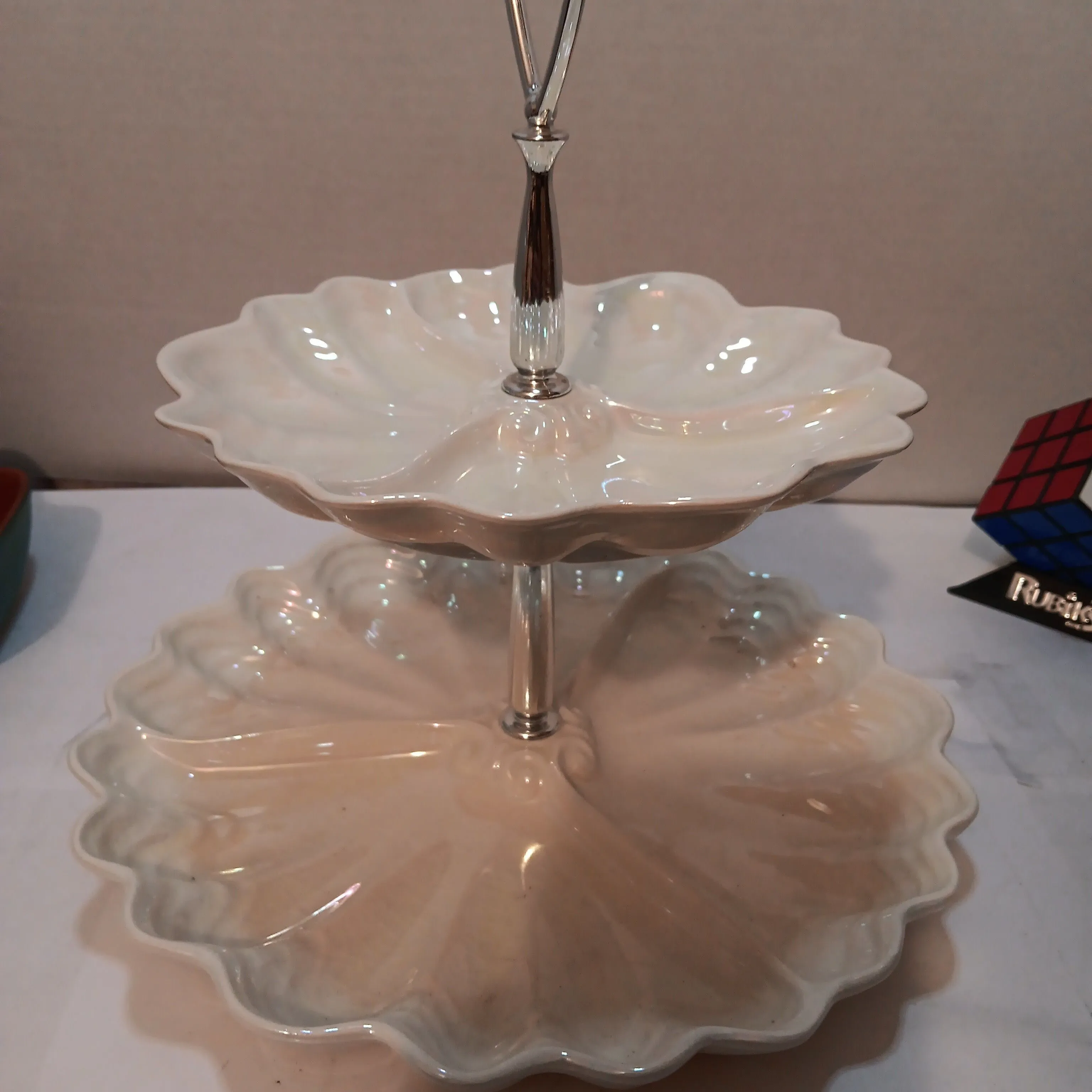 Product image for Vintage Maddox of California opalescent ceramic 2 tier serving tray