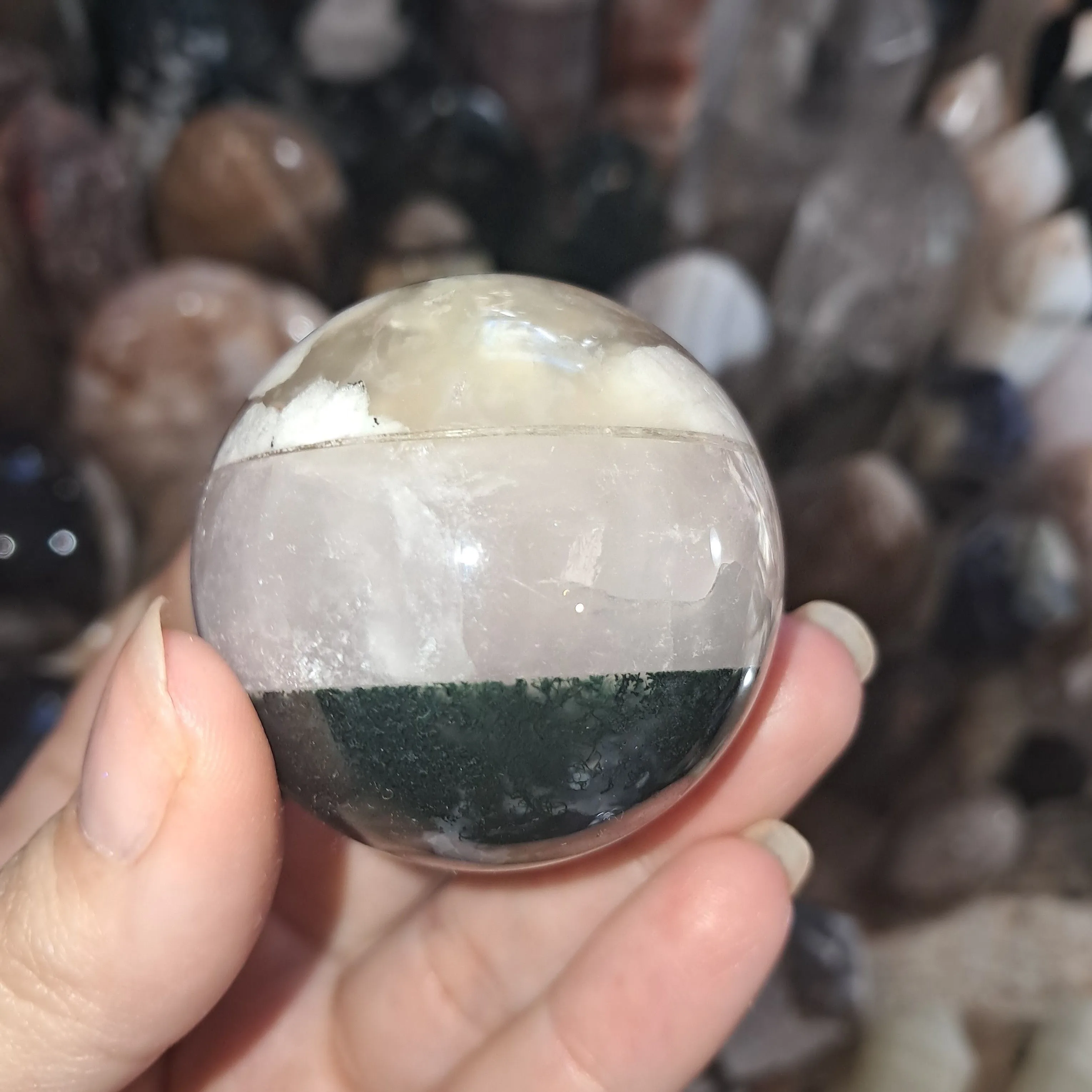 Product image for rose quartz + moss agate+ green flower agate sphere