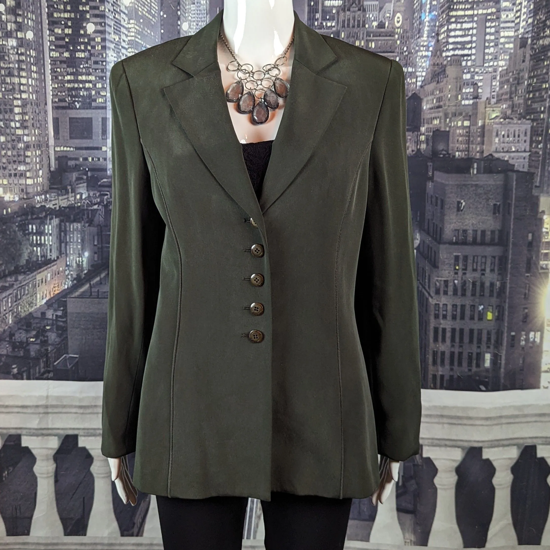 Product image for Kasper sz 10 Lined Olive 100% Silk Blazer  in Excellent Like New Condition