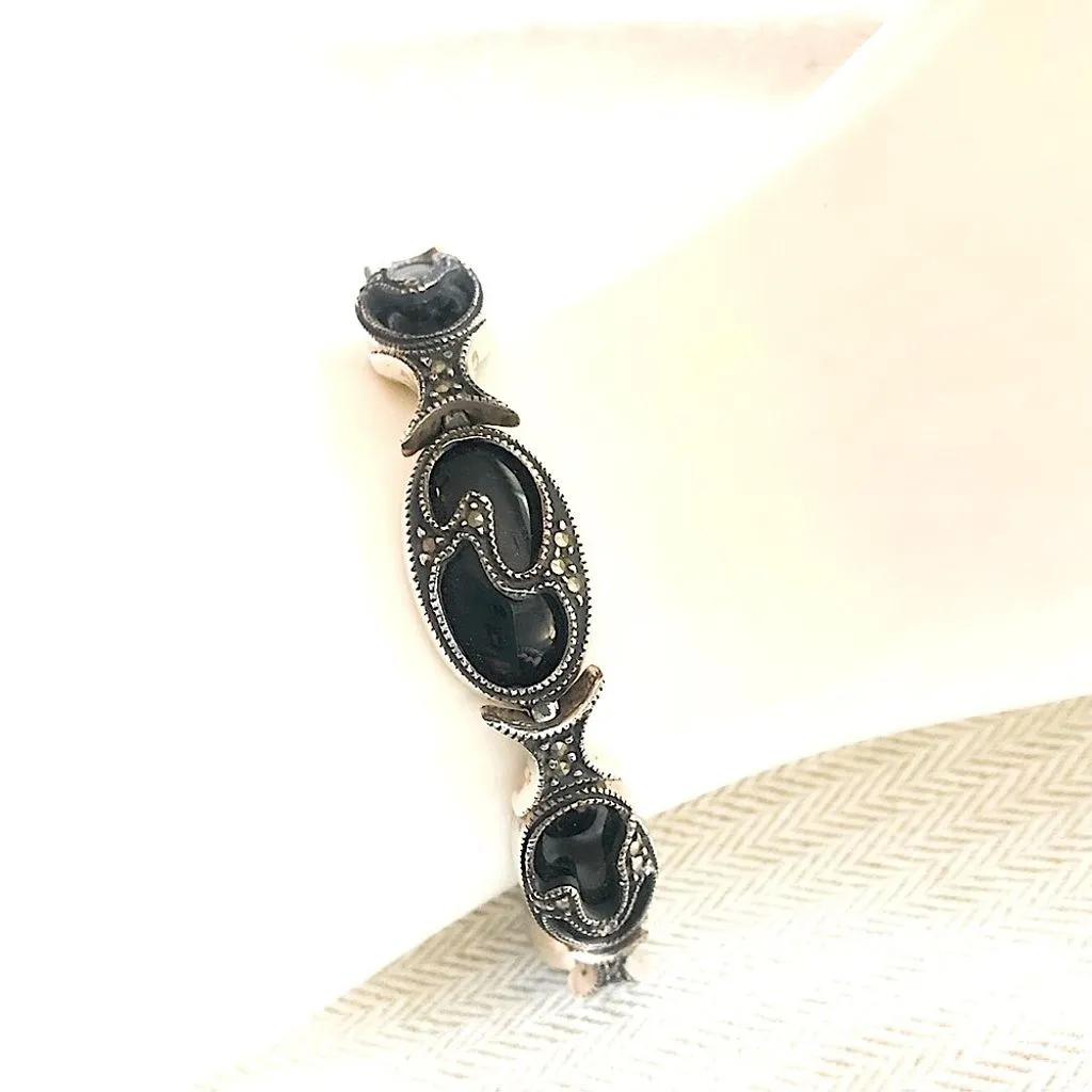 Product image for JUDITH JACK Vintage Black Onyx Marcasite Sterling Silver Art Deco Bracelet