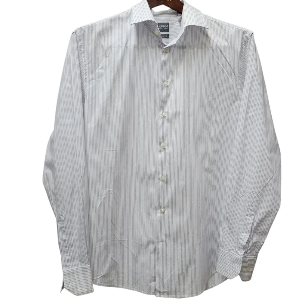 Product image for ARMANI COLLEZIONI Men Slim-Fit Spread Collar Stripe Shirt Blue Size 44/17.5 $225
