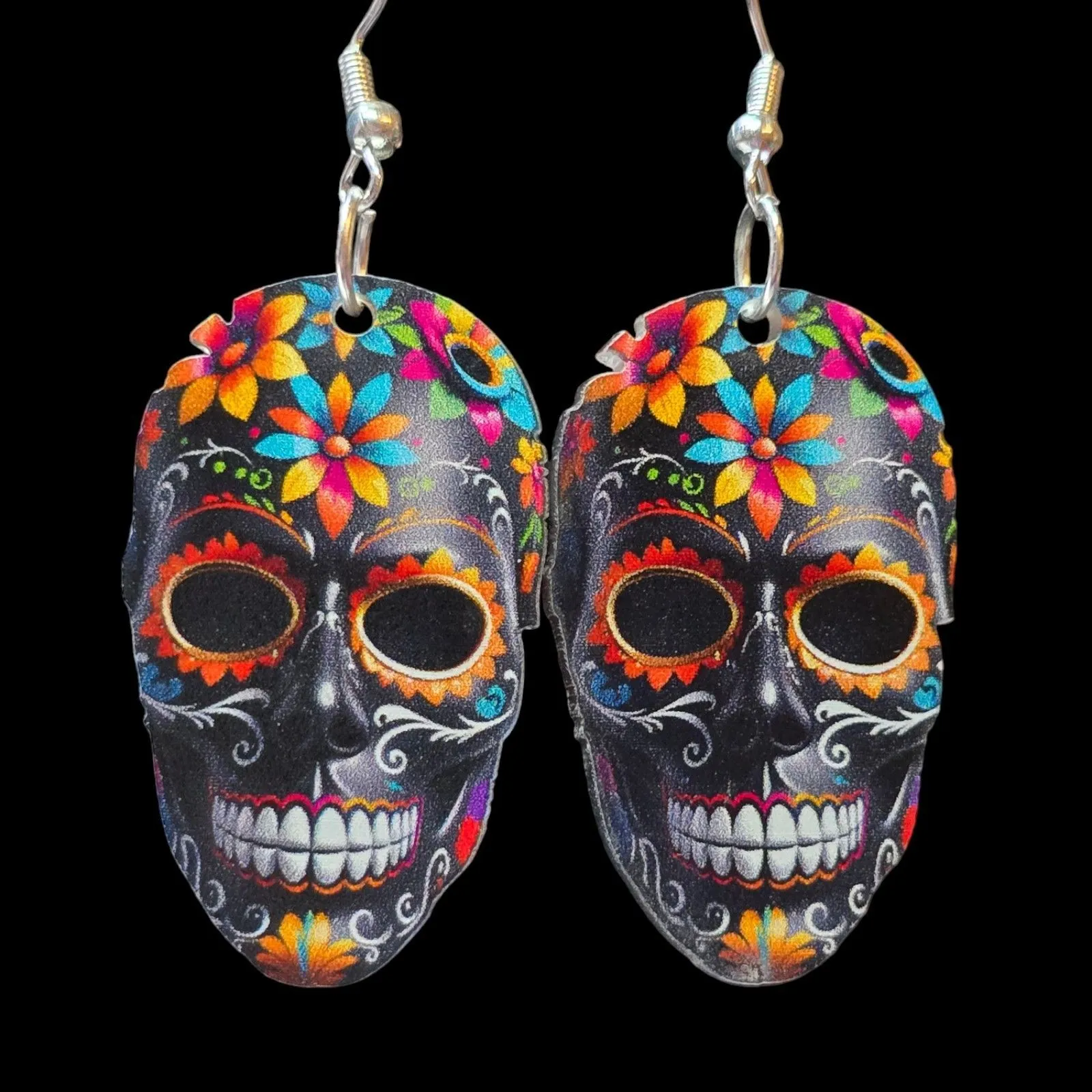 Product image for 040 NWOT Black with bright floral design Day of the Dead Skull Pierced Earrings