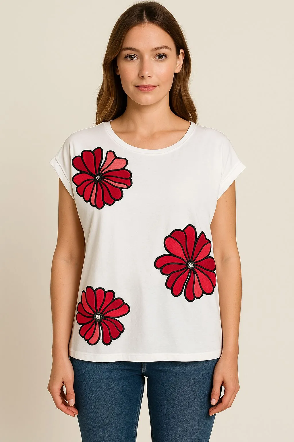 Product image for 241. Floral White Top with Red Accents