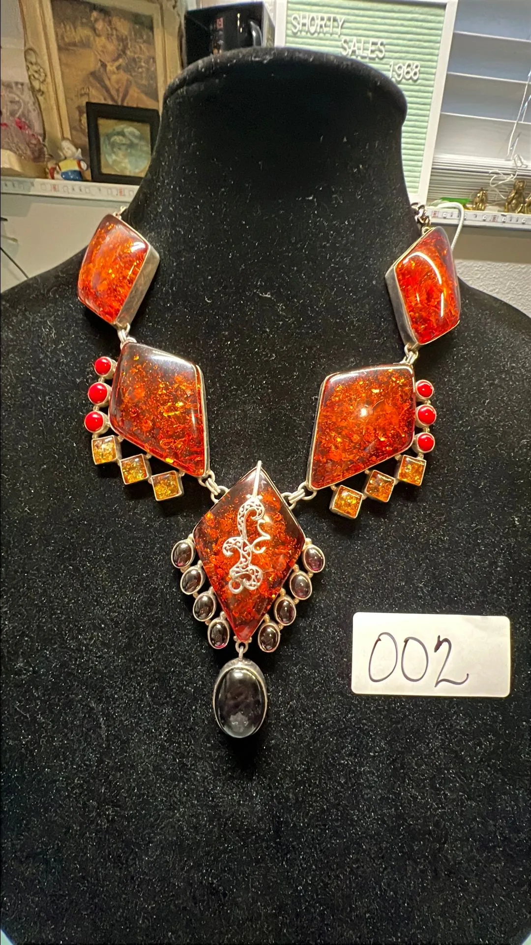 Product image for Vintage 925 Sterling Silver Statement Necklace – Bold Lucite & Multi-Stone Design 925 (Tested) #002