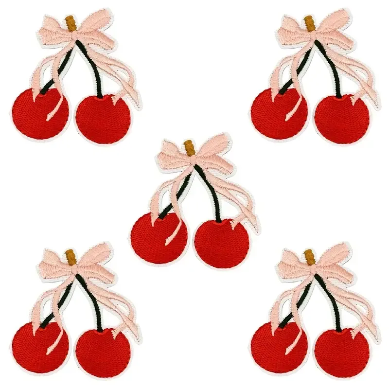 Product image for 5PCS Cherry Patches with Coquette Bow - Embroidered Iron-On DIY Patch Set
