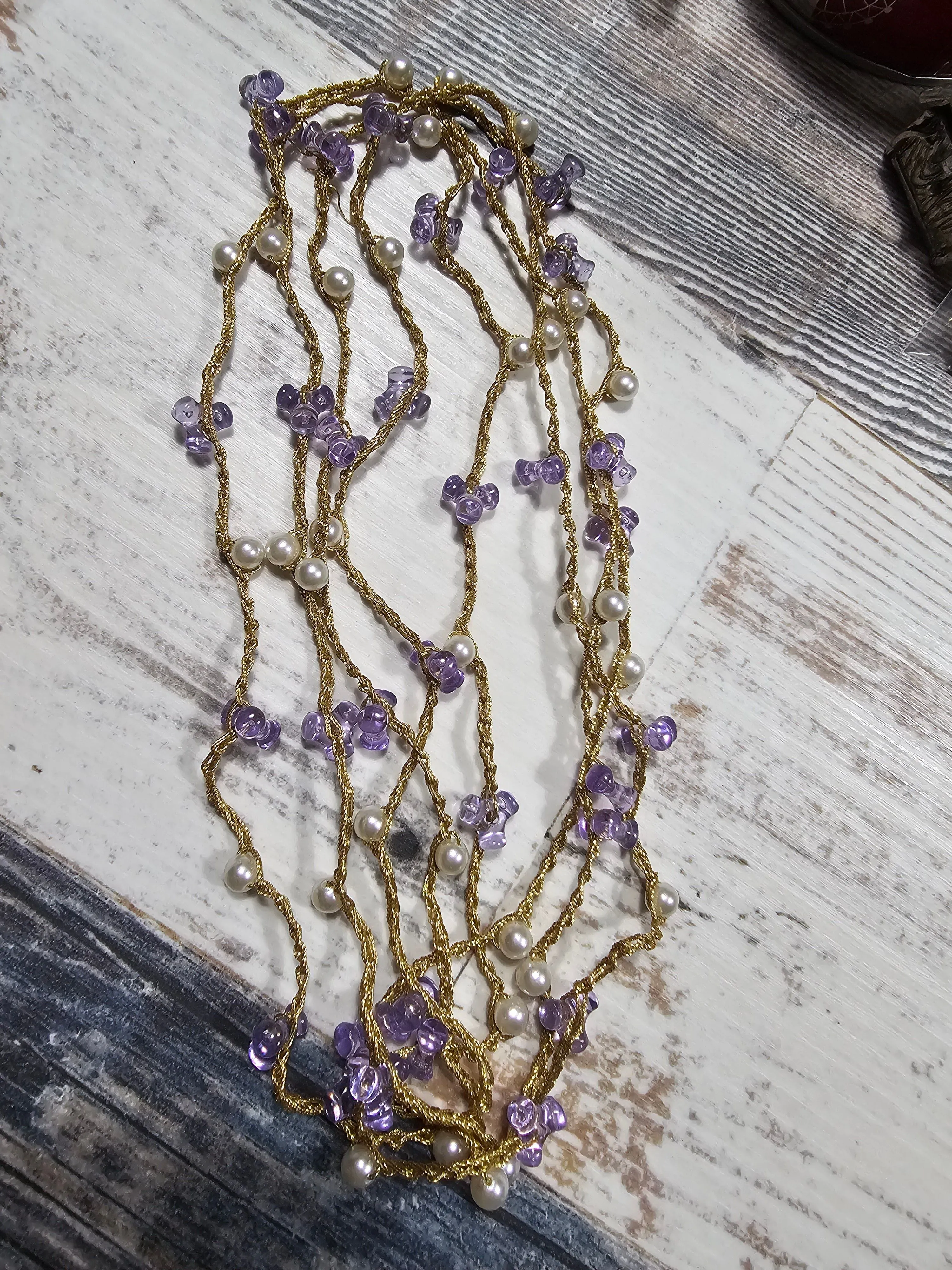 Product image for purple pearl and gold long necklace. super light