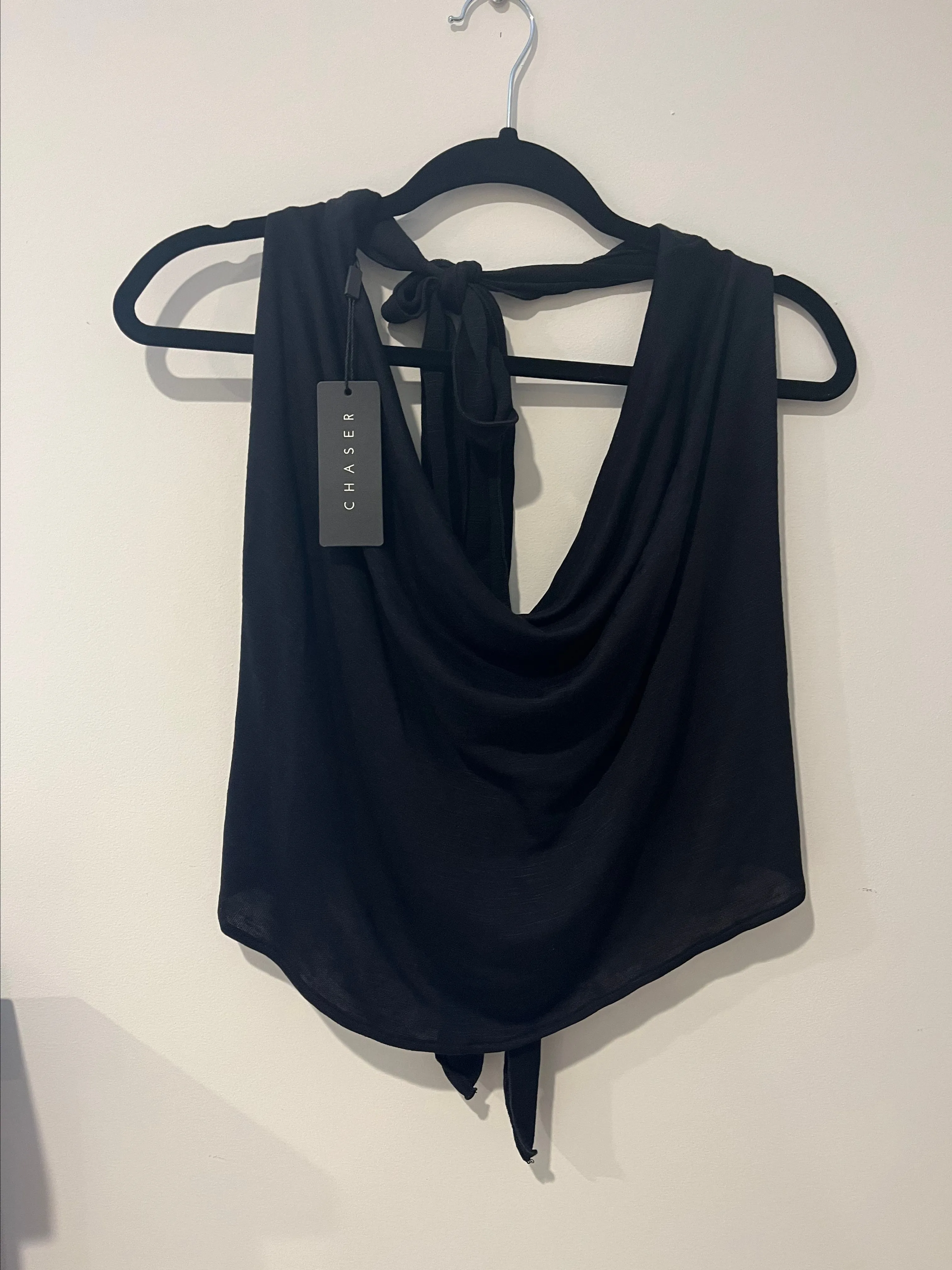 Product image for Chaser Tie Neck and Low Back Black Tank