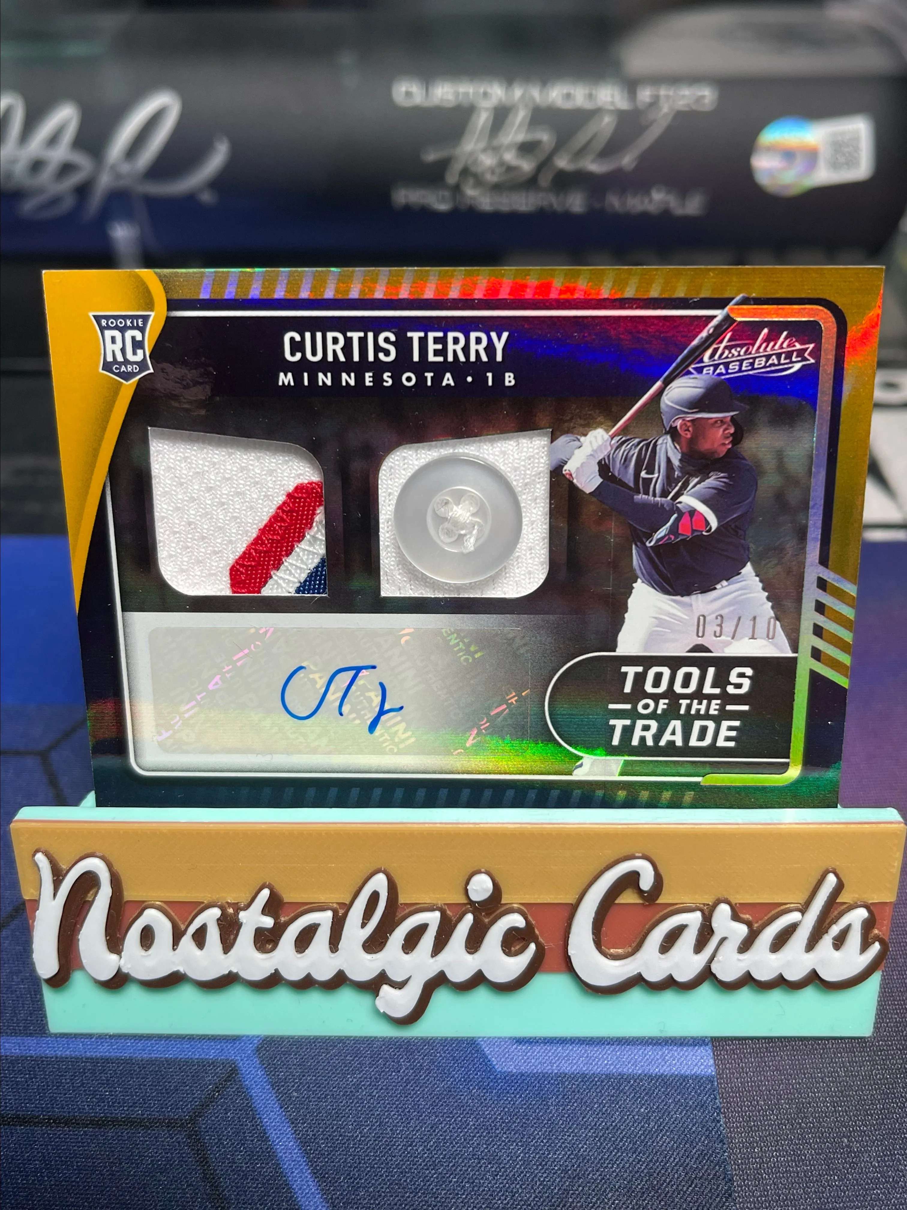 Product image for Curtis Terry 2022 Panini Absolute <3/10 RPA Gold Tools of the Trade Button> TEX Rangers