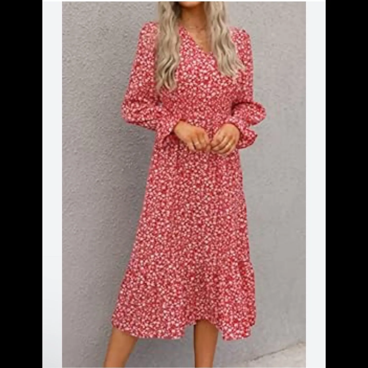 Product image for Red Floral Ruffle Hem Midi Dress Small