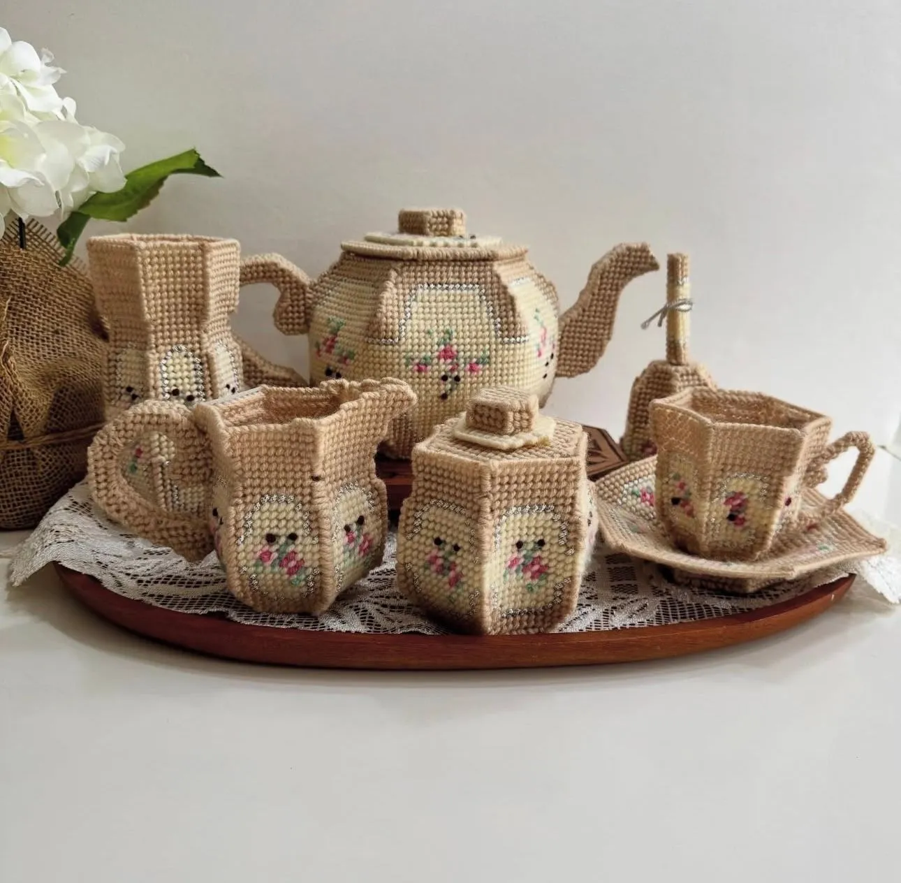 Product image for Needlepoint Tea Set made from plastic canvas