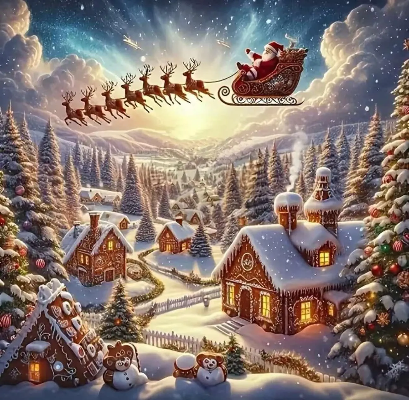 Product image for Santa and Reindeer over Village Full Drill Diamond Painting Art Kit