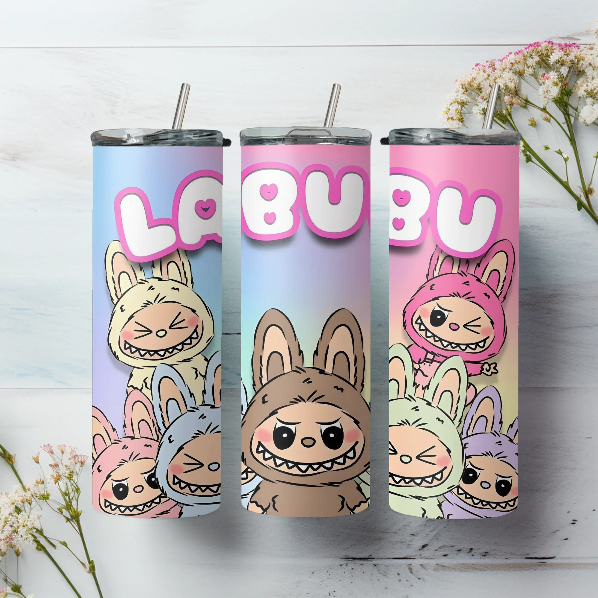 Product image for Labubu inspired 20oz stainless steel reusable tumbler with lid and straw