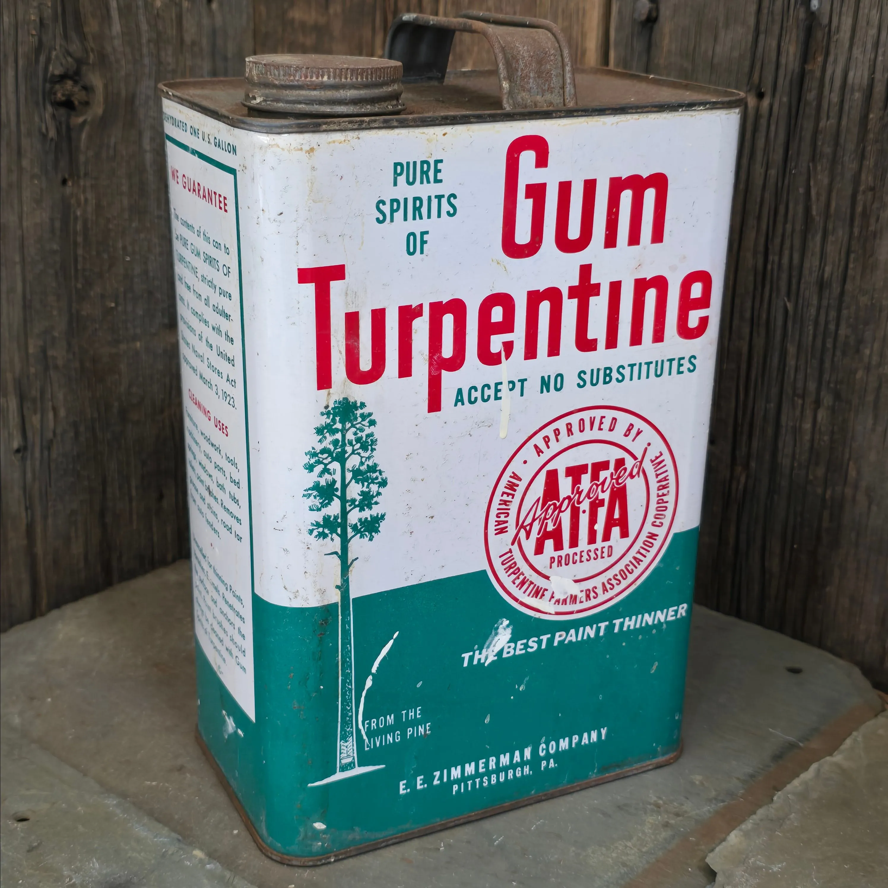 Product image for Vintage Spirits of Gum Turpentine One Gallon Tin Advertising Can E.E. Zimmerman Co. Pittsburgh (WN-26)