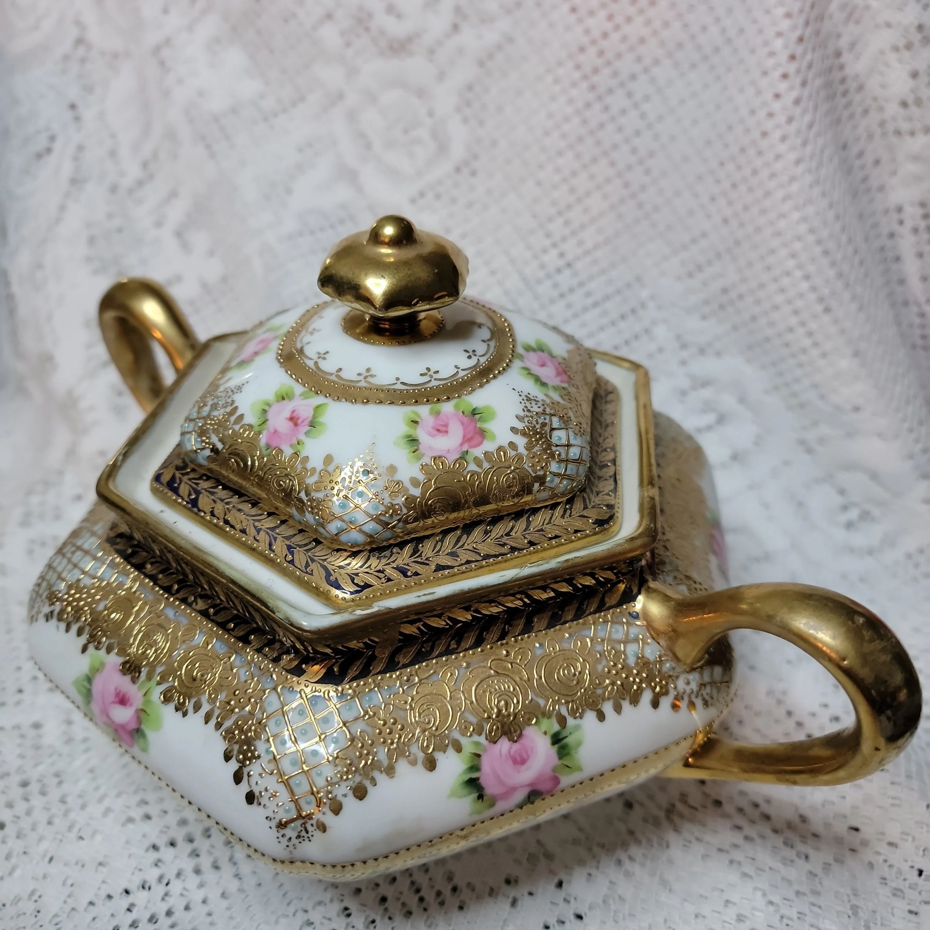 Product image for RARE Antique c1911 Noritake Nippon RC Royal Crockery Hand-Painted Sugar Bowl Pink Roses Floral Gold