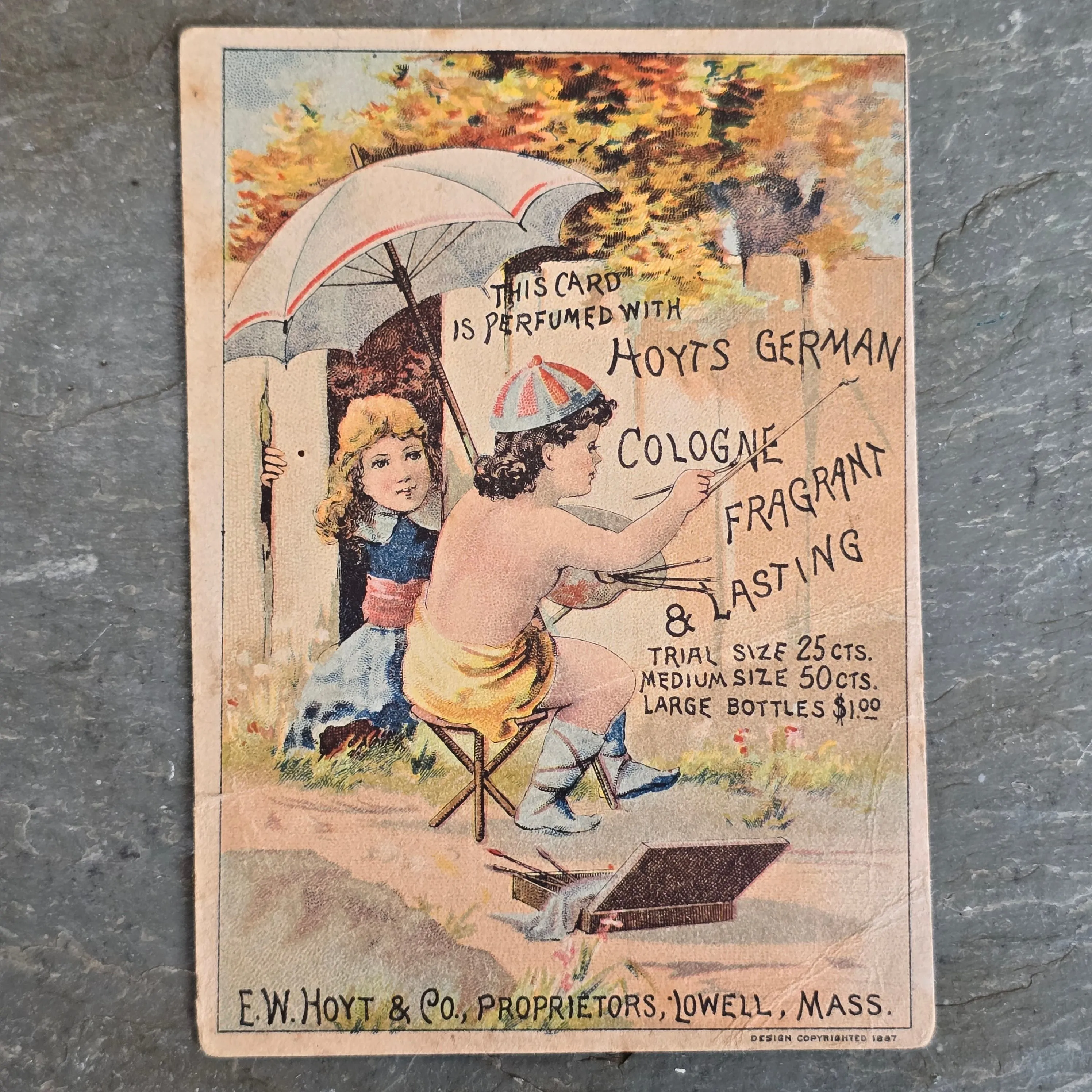 Product image for E.W. Hoyt's German Cologne Perfume & Rubifoam Toothpaste Advertising Victorian Trade Card Child Painting Fence (WNB2-280)