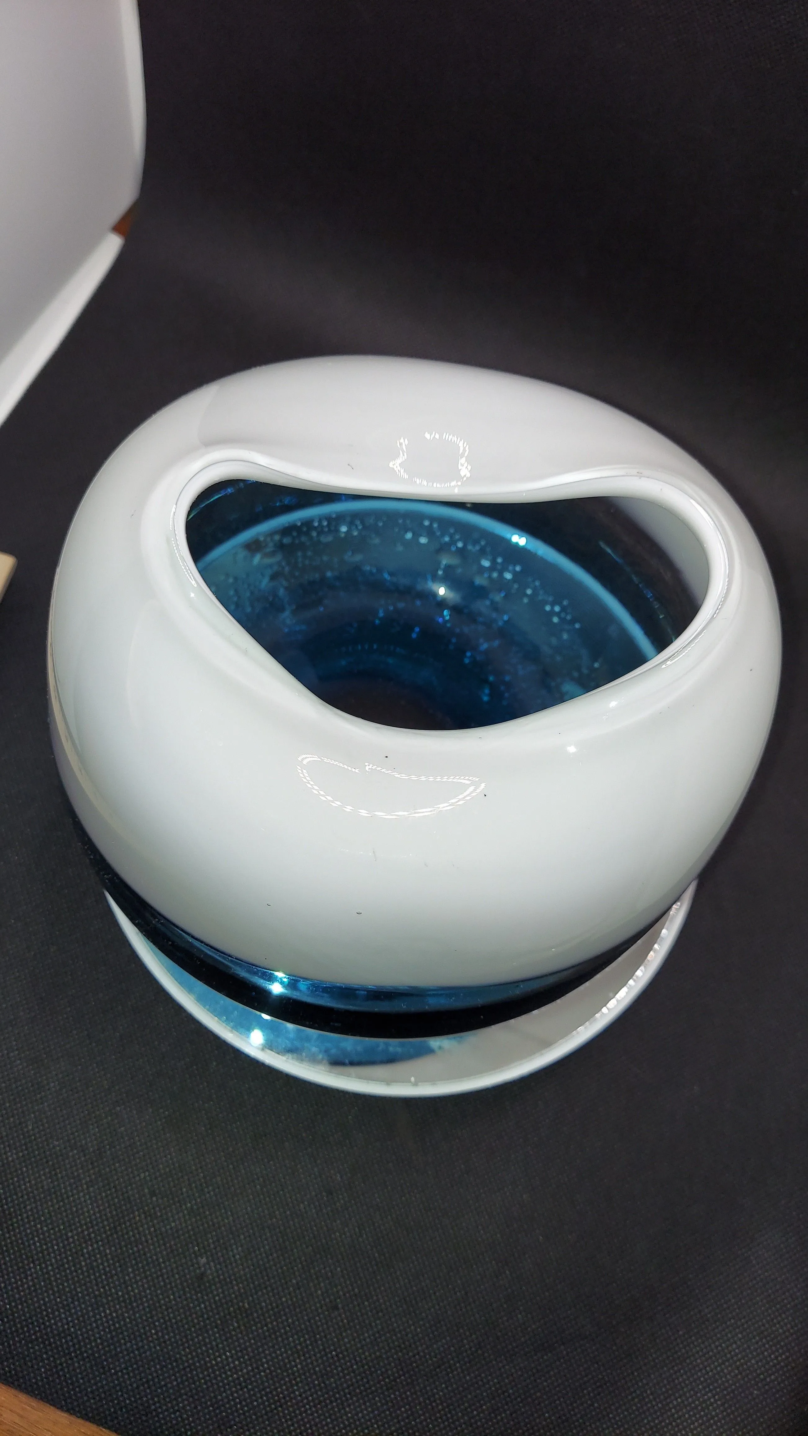 Product image for Unique Art Glass Pinched White Aqua Squat Vase Blown Glass Coastal Beach