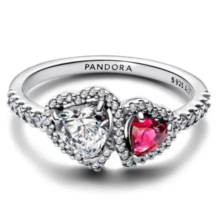 Product image for Pandora Sterling Silver Halo Connected Hearts Ring; Red Crystal & CZ Size 7