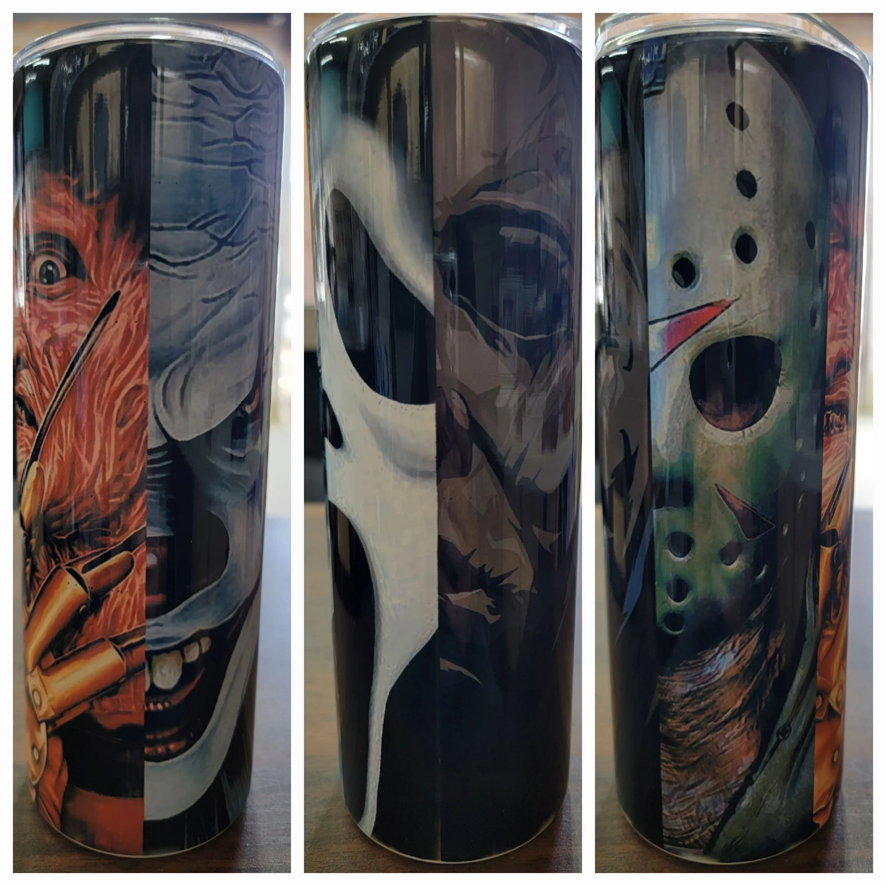 Product image for 5 face horror 20oz tumbler freddy, Jason, Ghostface, pennywise, Michael myers