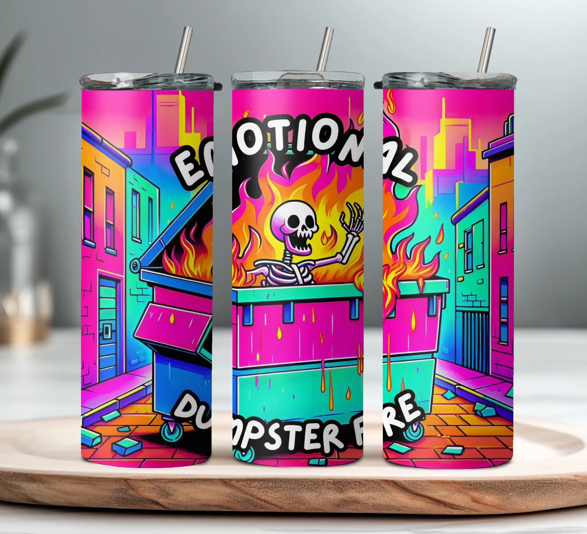 Product image for Emotional Dumpster Fire 20oz stainless steel tumbler with lid and straw