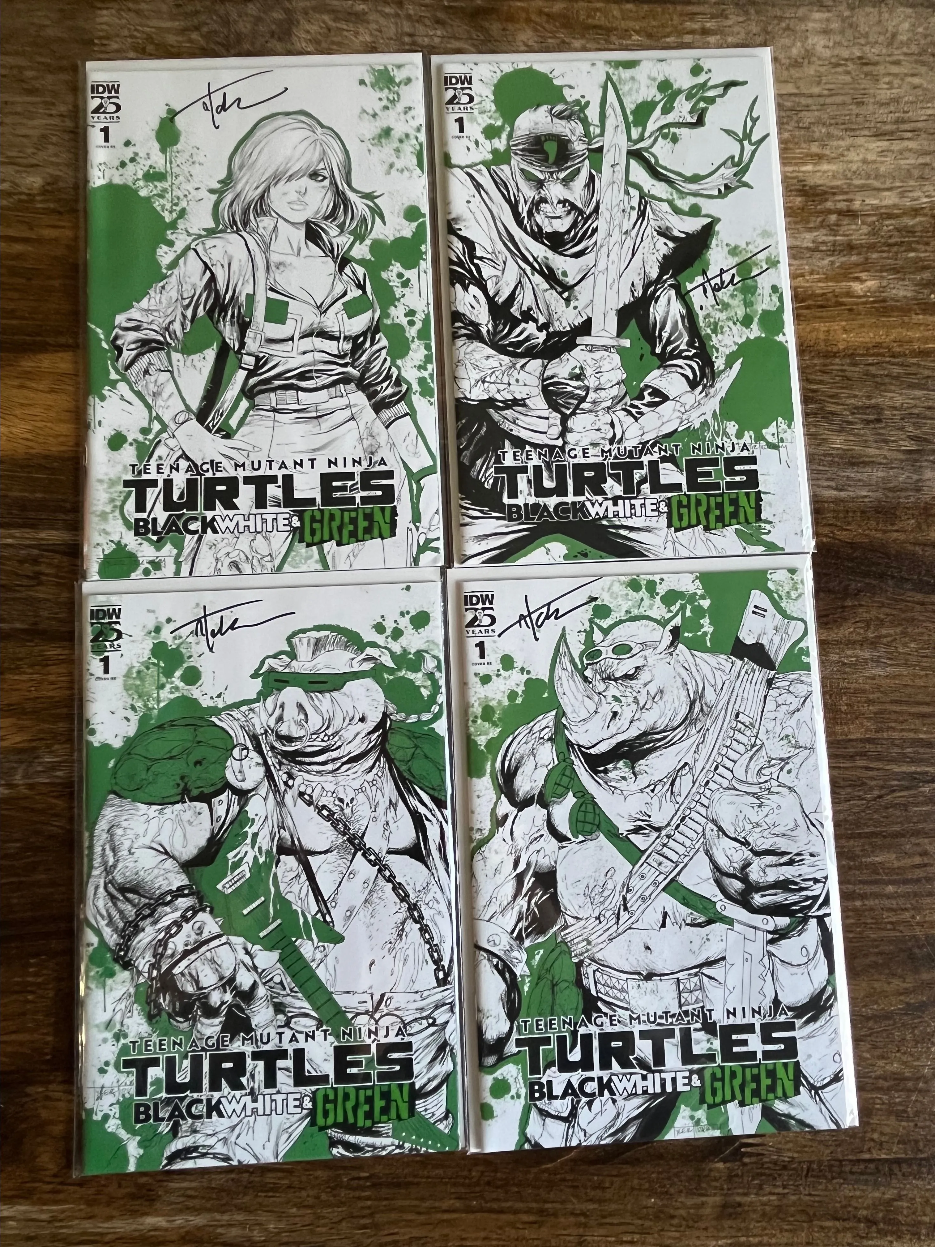 Product image for Teenage Mutant Ninja Turtles Black White and Green 1 Battle Damage Set Signed by Tyler Kirkham