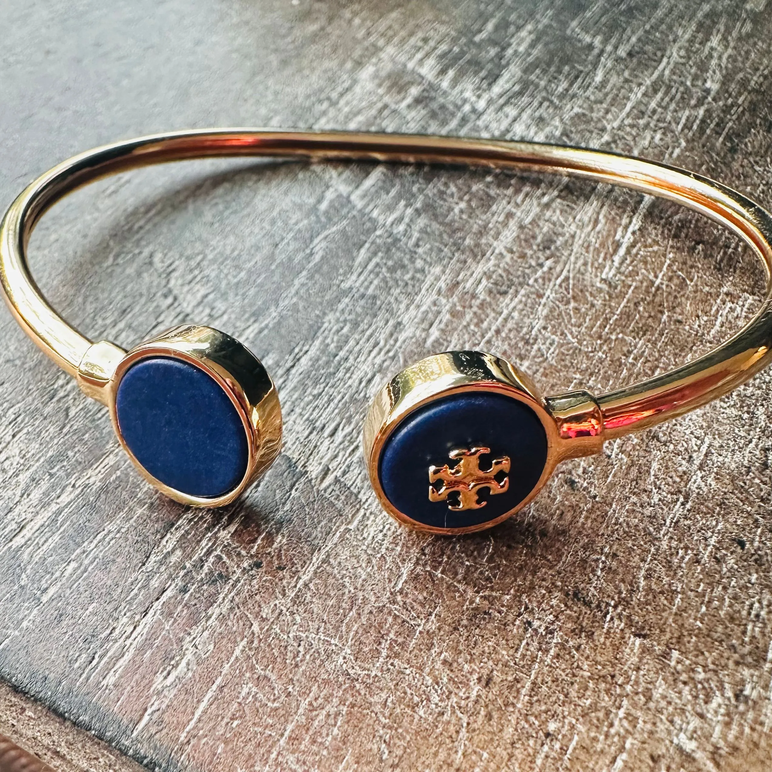 Product image for New Tory Burch Gold Kira Adjustable Cuff Bracelet, Blue. Comes with TB Dustbag