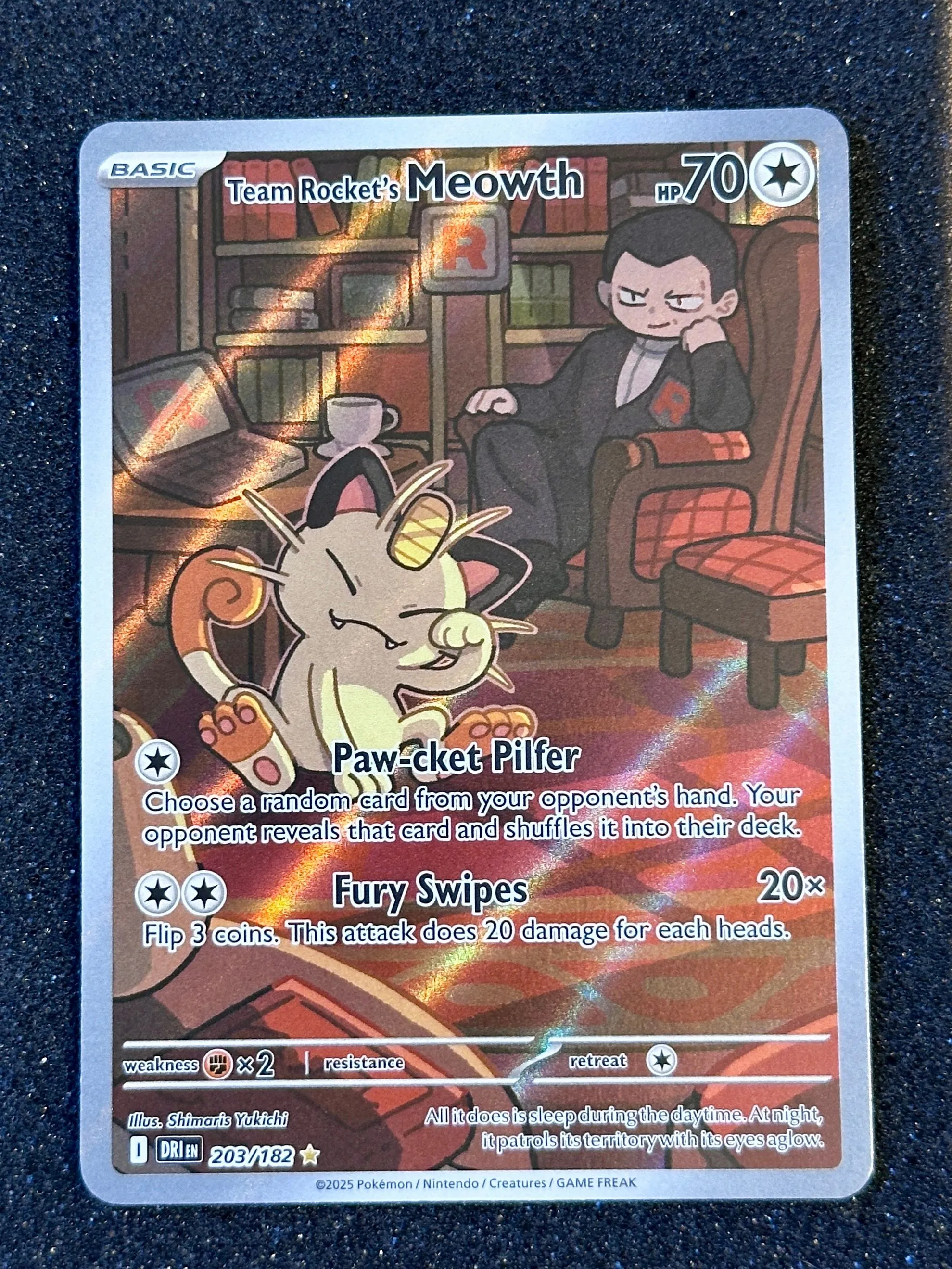 Pokmon TCG Team Rocket's Meowth 203/182 Destined Rivals Illustration Rare.   Whatnot: Shop, Sell, Connect